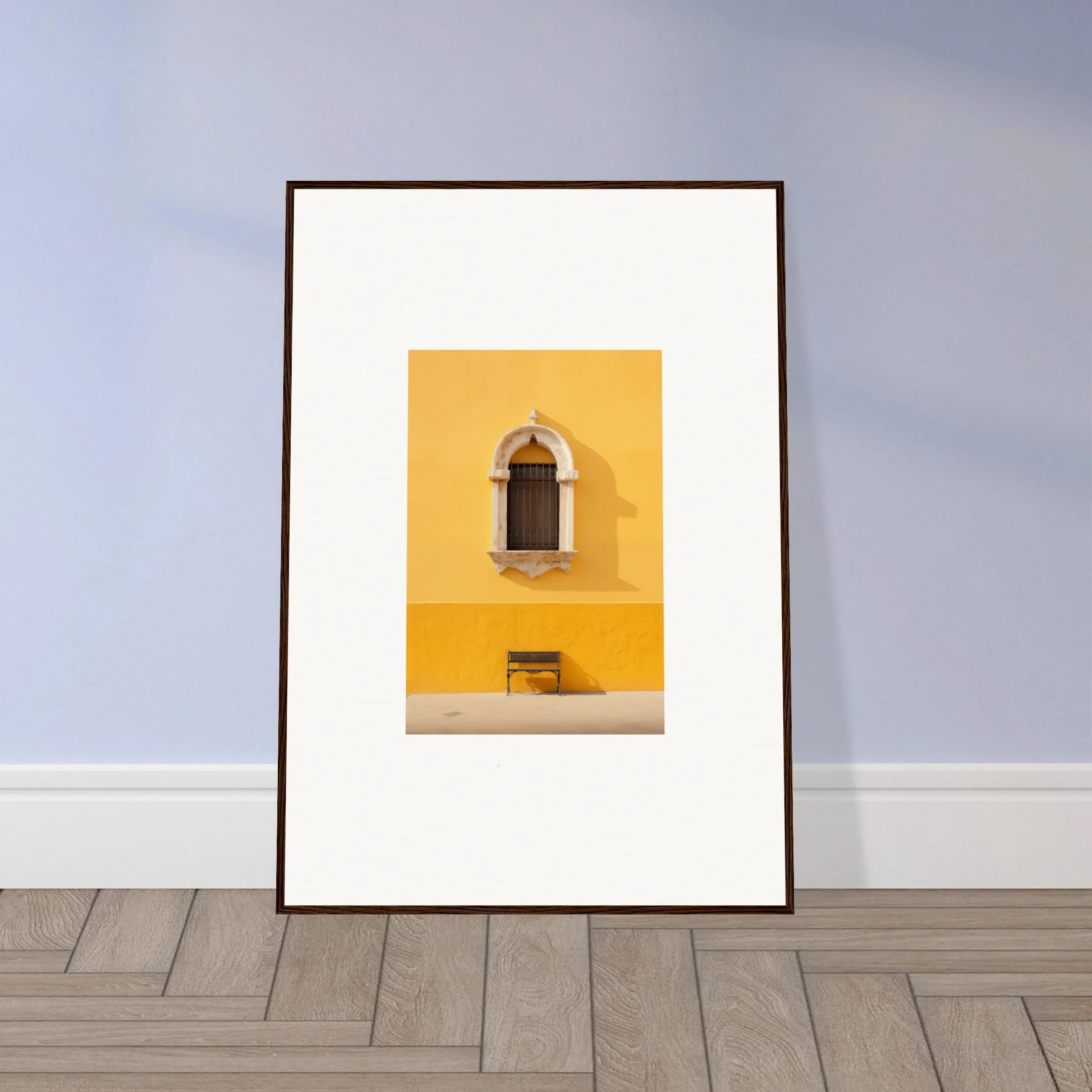 Framed photograph of a yellow wall with an arched window in Gapes of Gargoyles special edition art™