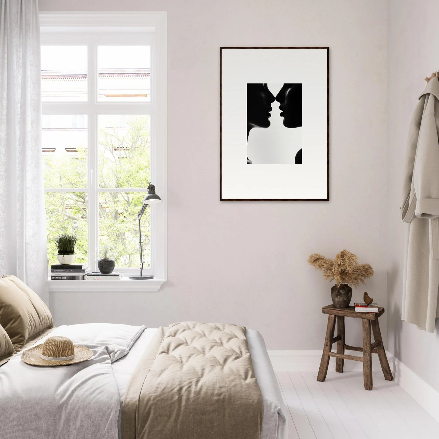 Minimalist black and white bedroom showcasing Shadowed Sédual Symphony with natural light