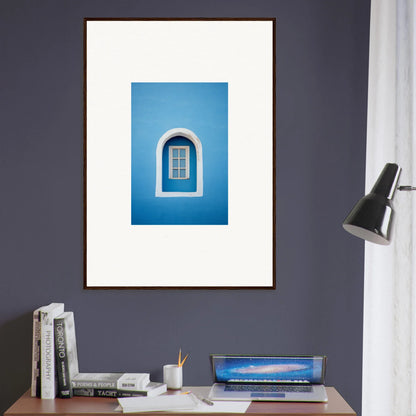 Framed photograph of an arched white window on blue wall from Whispers Sky Mosaic