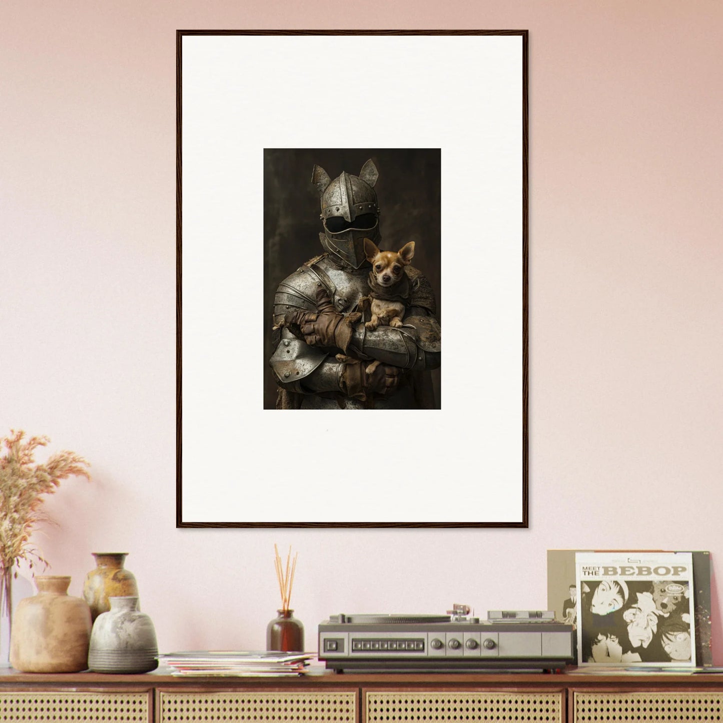 Framed wall art of a knight and a ginger cat in Serene Steel Whispers design