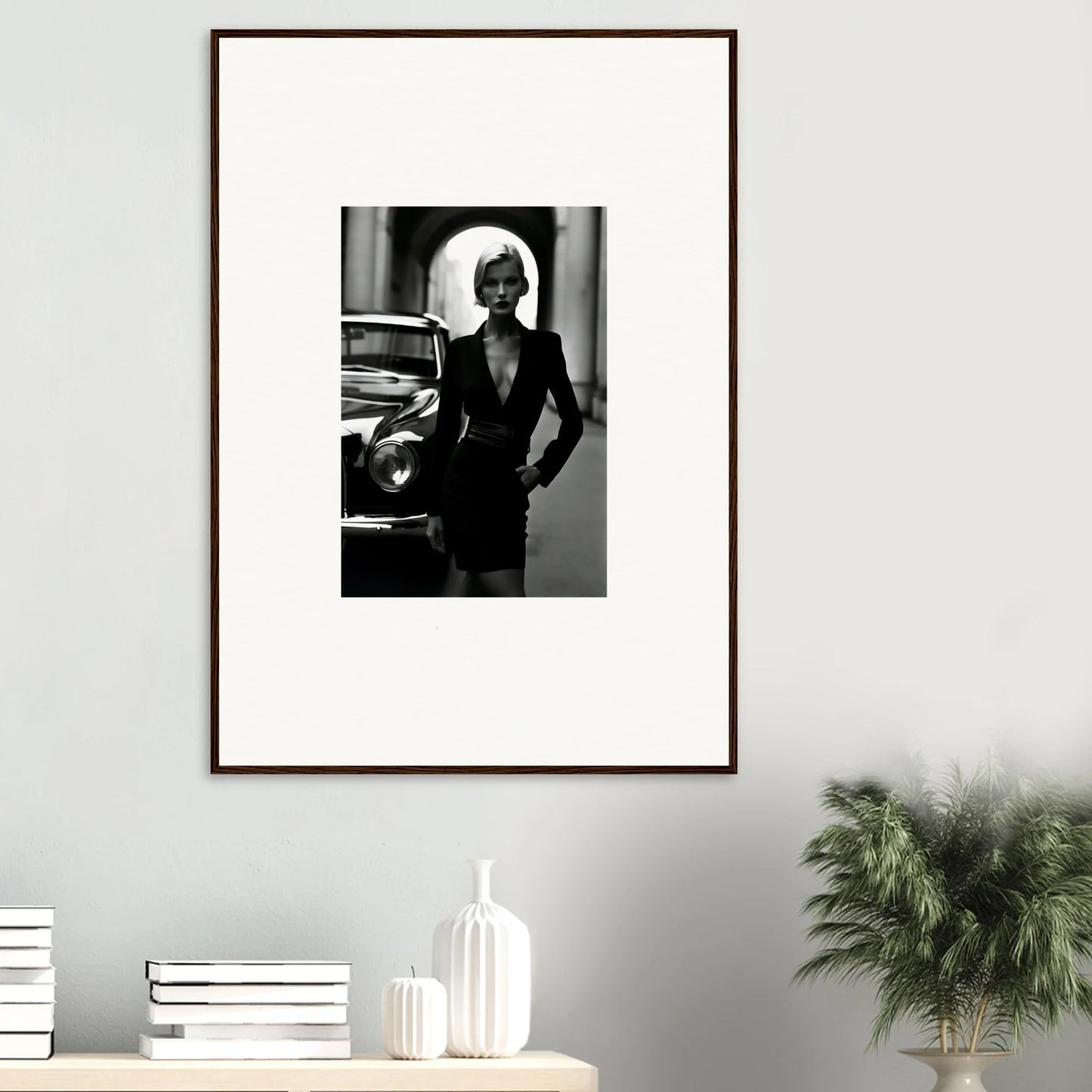 Elegant silhouette in black and white, featuring Interstellar Noir Illuminations and vintage car