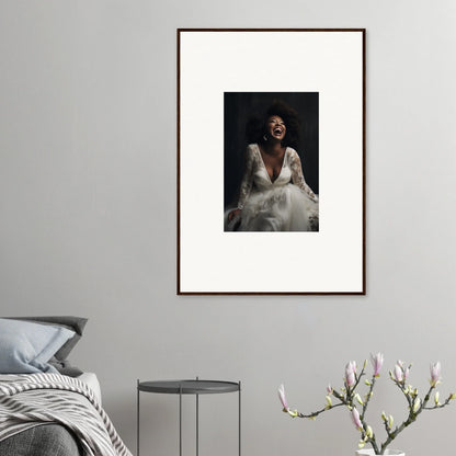 Framed black and white wedding dress photo, perfect for Timeless Essence Laughter art