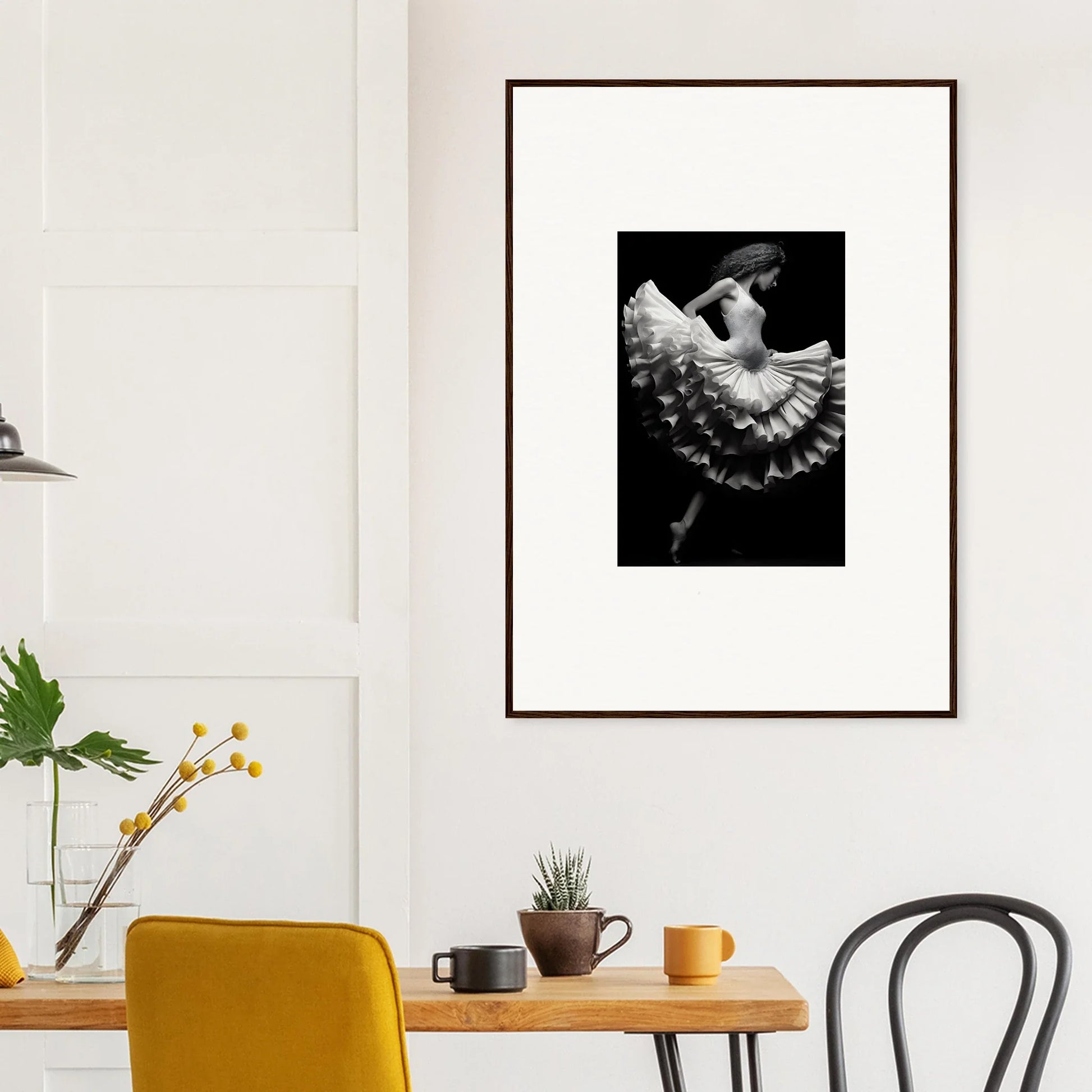 Black and white framed wall art of a ballet dancer capturing ethereal waltz silence