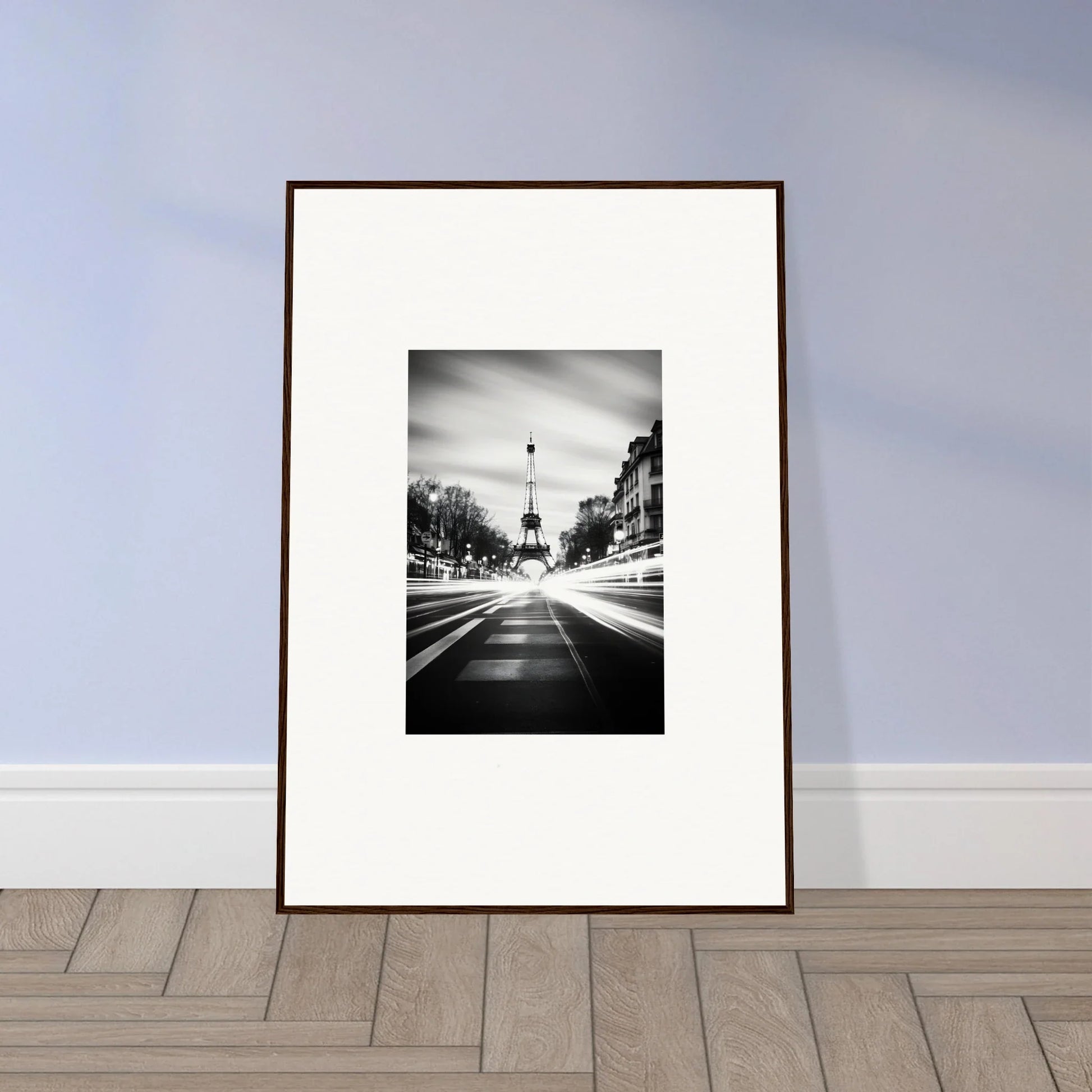 Framed black and white Eiffel Tower photo in Synth Wave Elysium special edition art