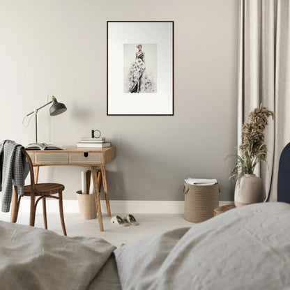 Wooden desk with a table lamp and Dreamy Blossom Mirage framed wall art above it