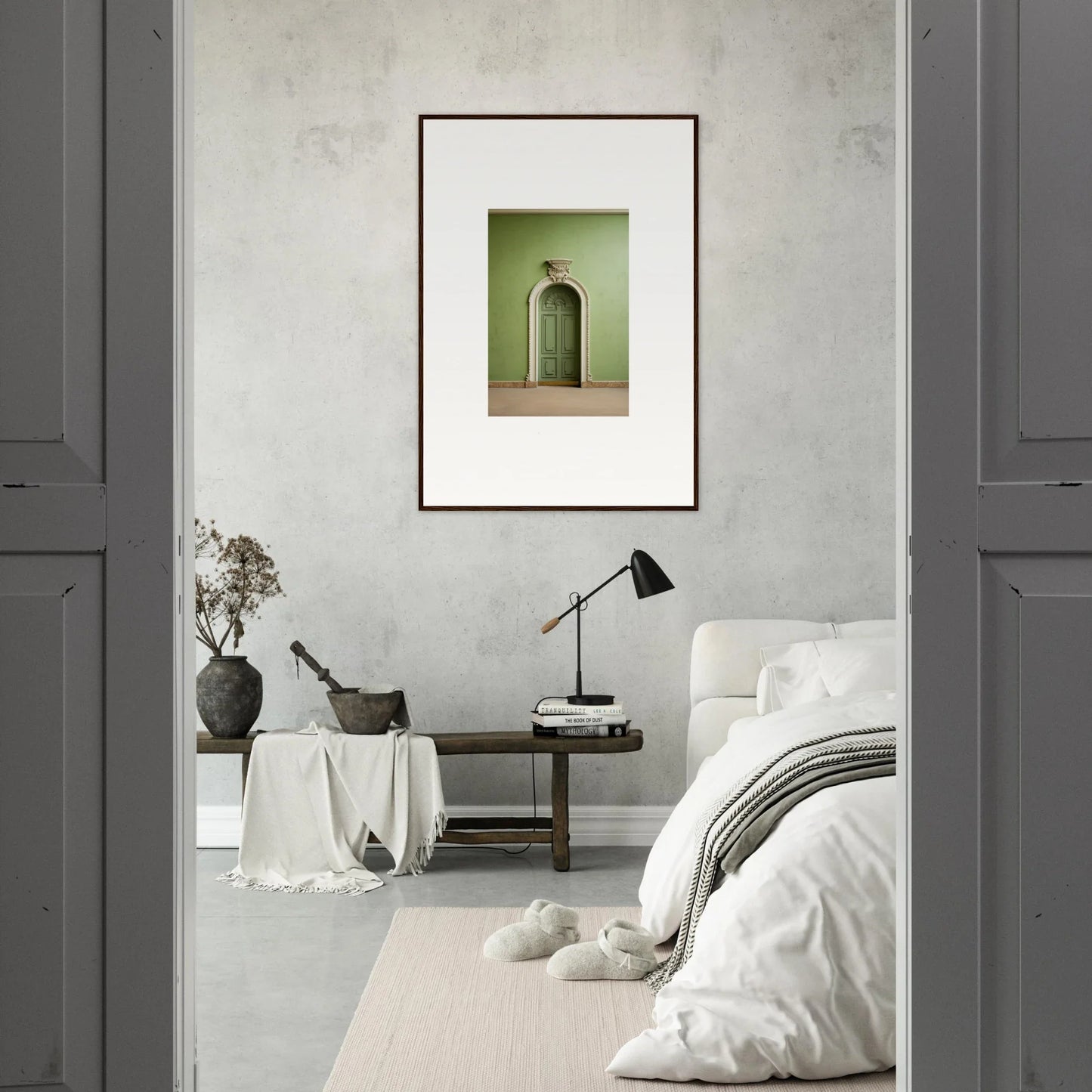 Minimalist bedroom featuring the Verdant Illusion Sphere framed wall art above the bed