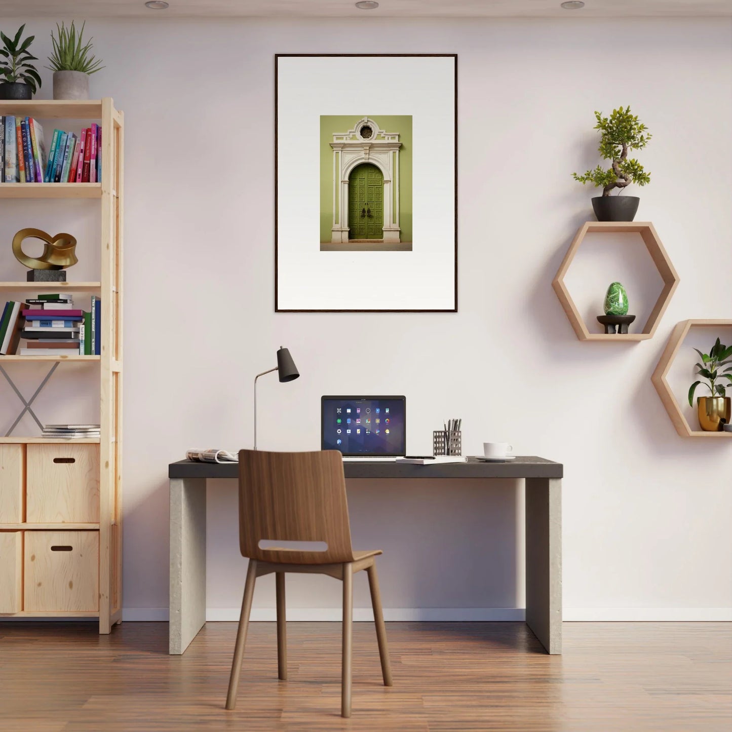 Modern minimalist desk setup featuring Verdant Sentry Whispers art, wooden chair, and laptop