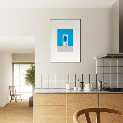 Framed minimalist Oikos Cerulean Aperturearches art with a blue archway design