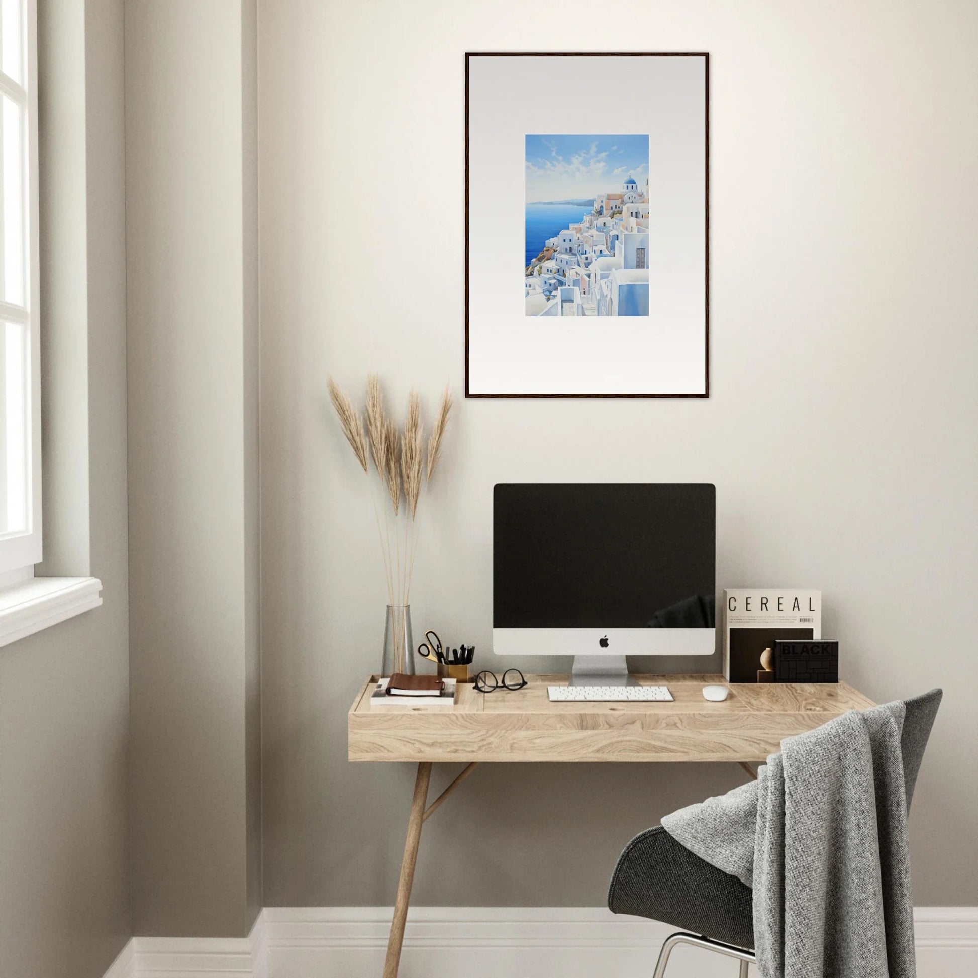 Minimalist wooden desk with iMac and Elysian Horizon Vortex framed wall art