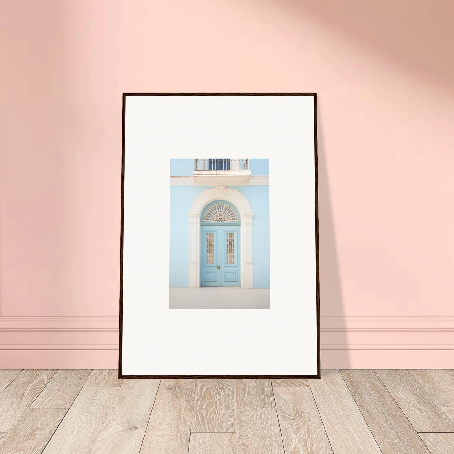 Framed wall art of a pale blue vintage door in Delphinium Dream Portal