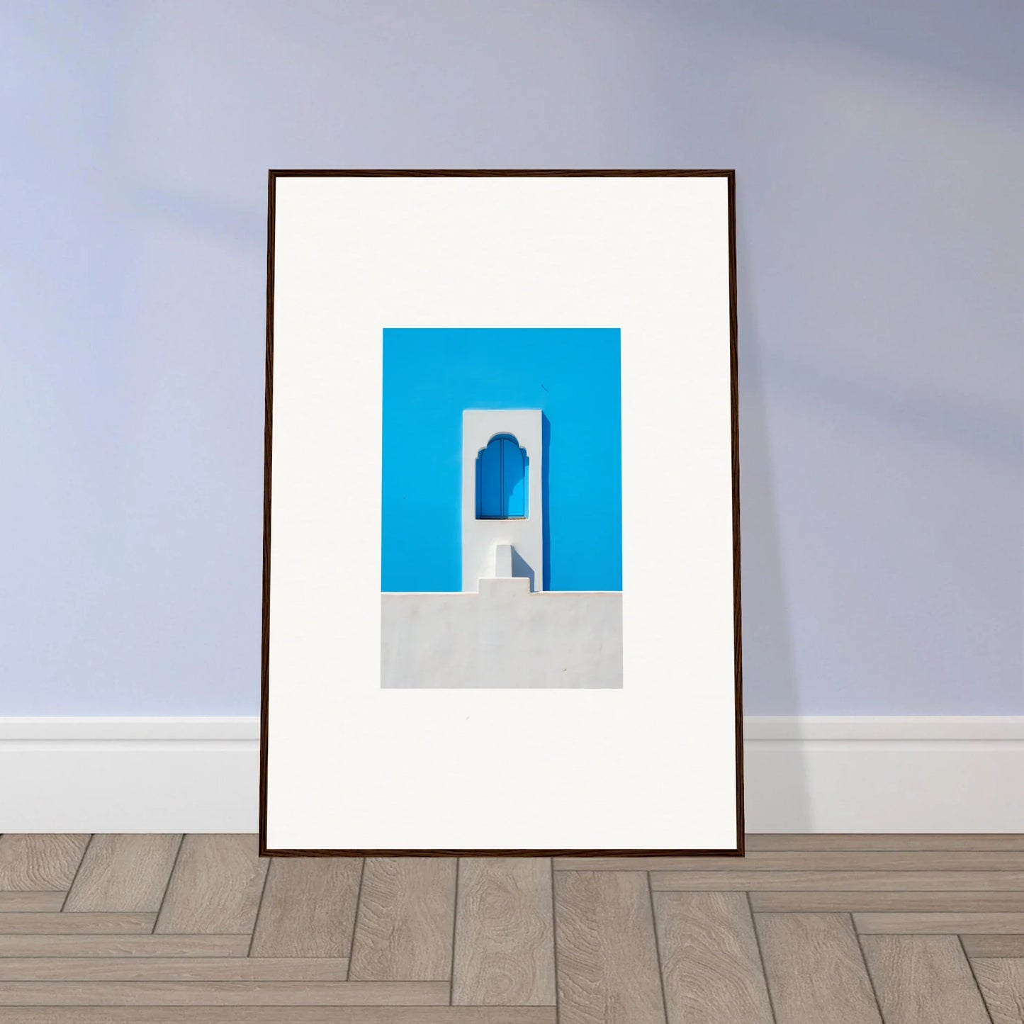 Framed minimalist art print of Oikos Cerulean Aperturearches with a bright blue doorway