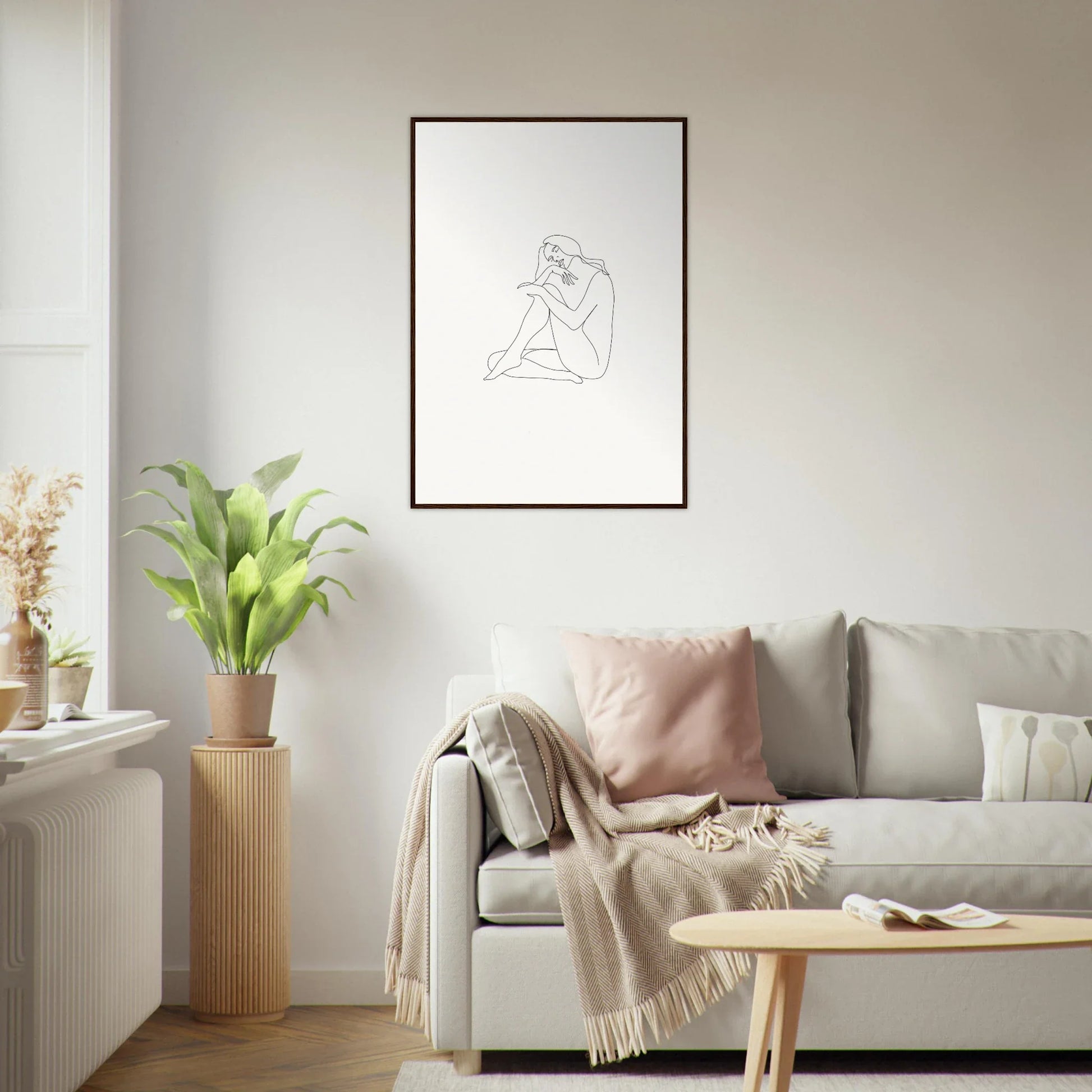 Minimalist line drawing of a seated figure in Mindful Dream Tangles framed wall art