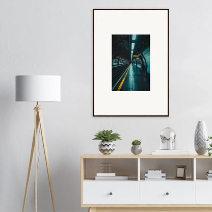 Framed photograph of a subway tunnel in turquoise lighting for Portal Echo Anatomy art