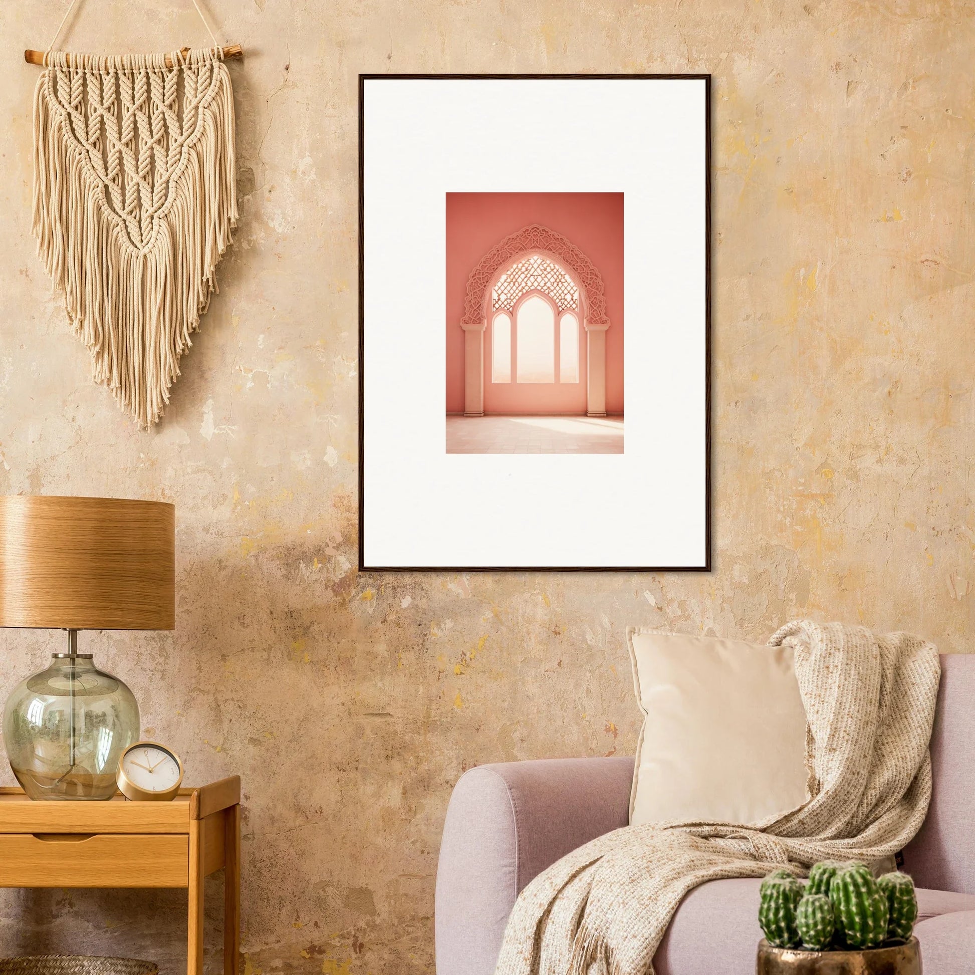 Framed wall art of pink-tinted architectural archway in Versaille Sunset Reimagined