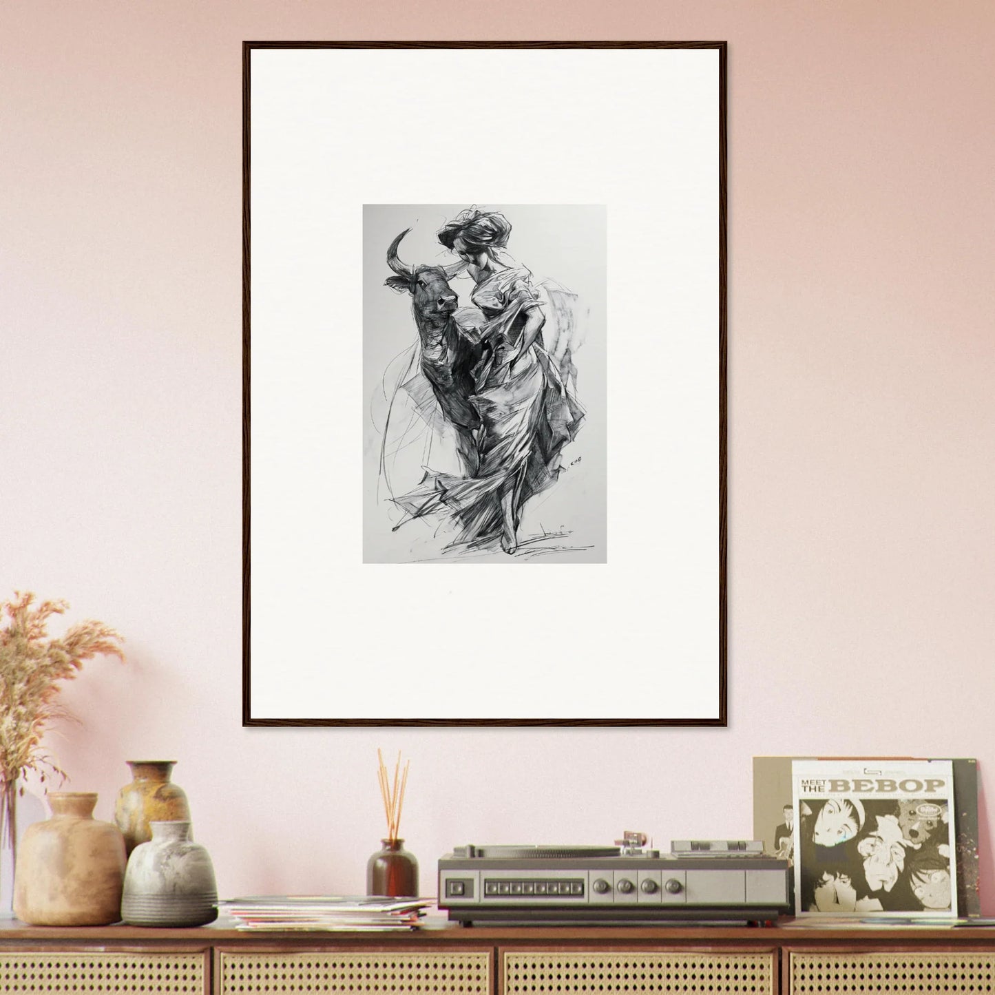 Framed black and white sketch of a matador in motion from Sylvan Euphoria Lumia special edition art™