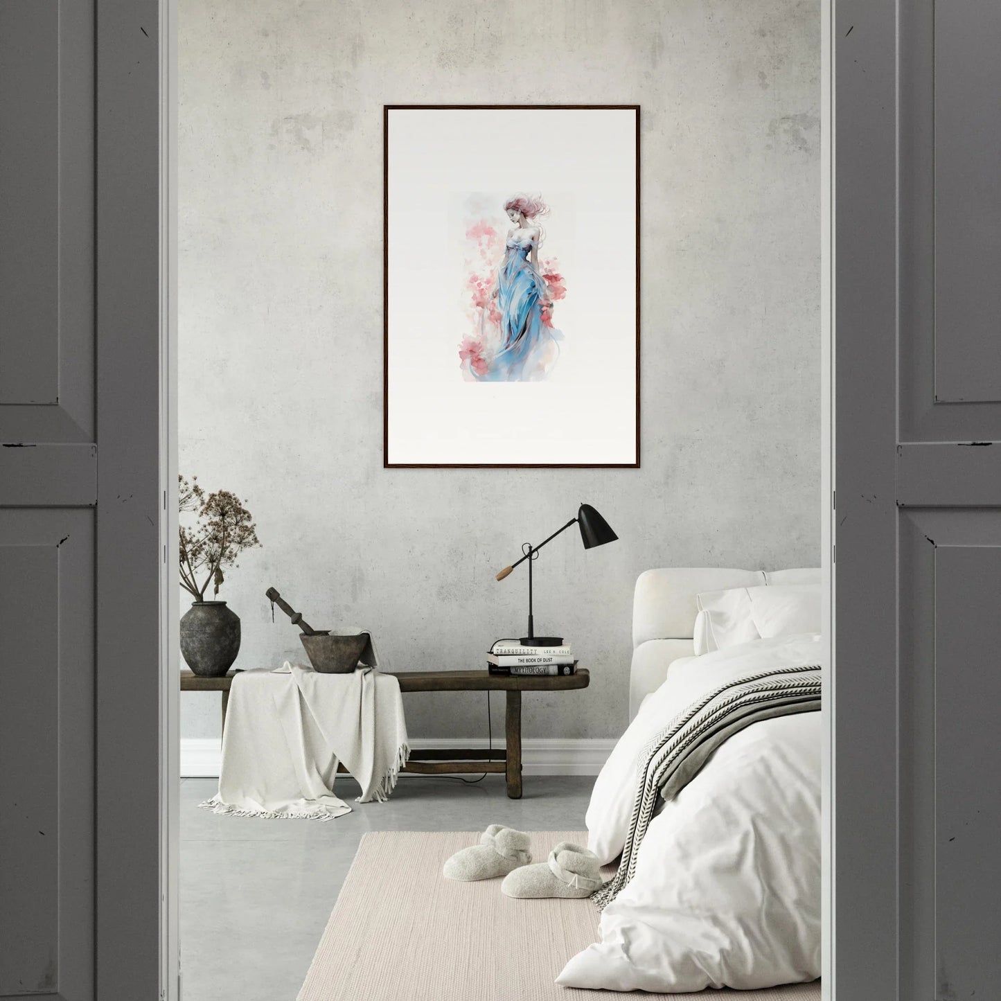 Framed watercolor wall art of a blue figure with pink accents for stylish room decoration