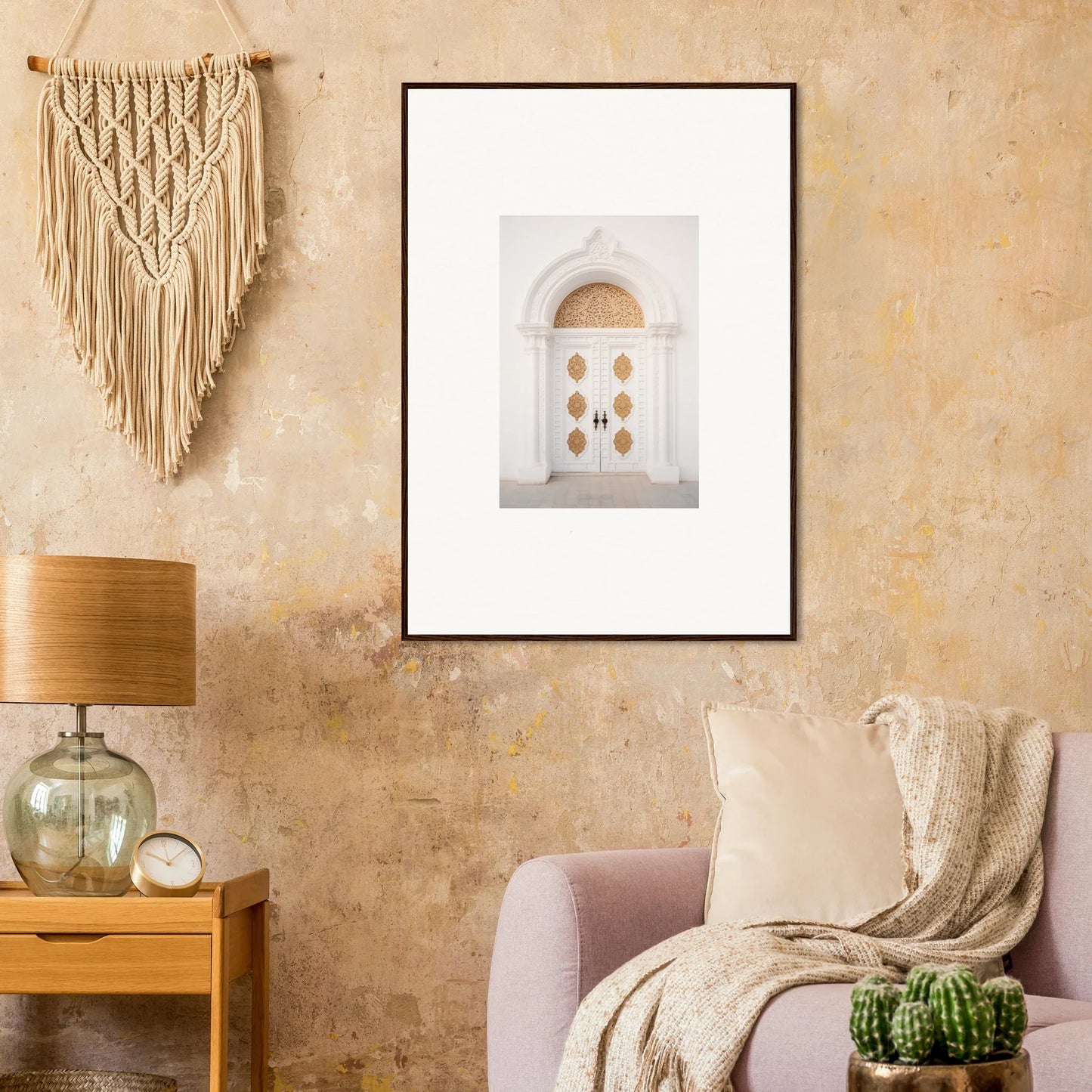 Framed wall art of a white arched doorway with gold details from Gilded Mirage Passage