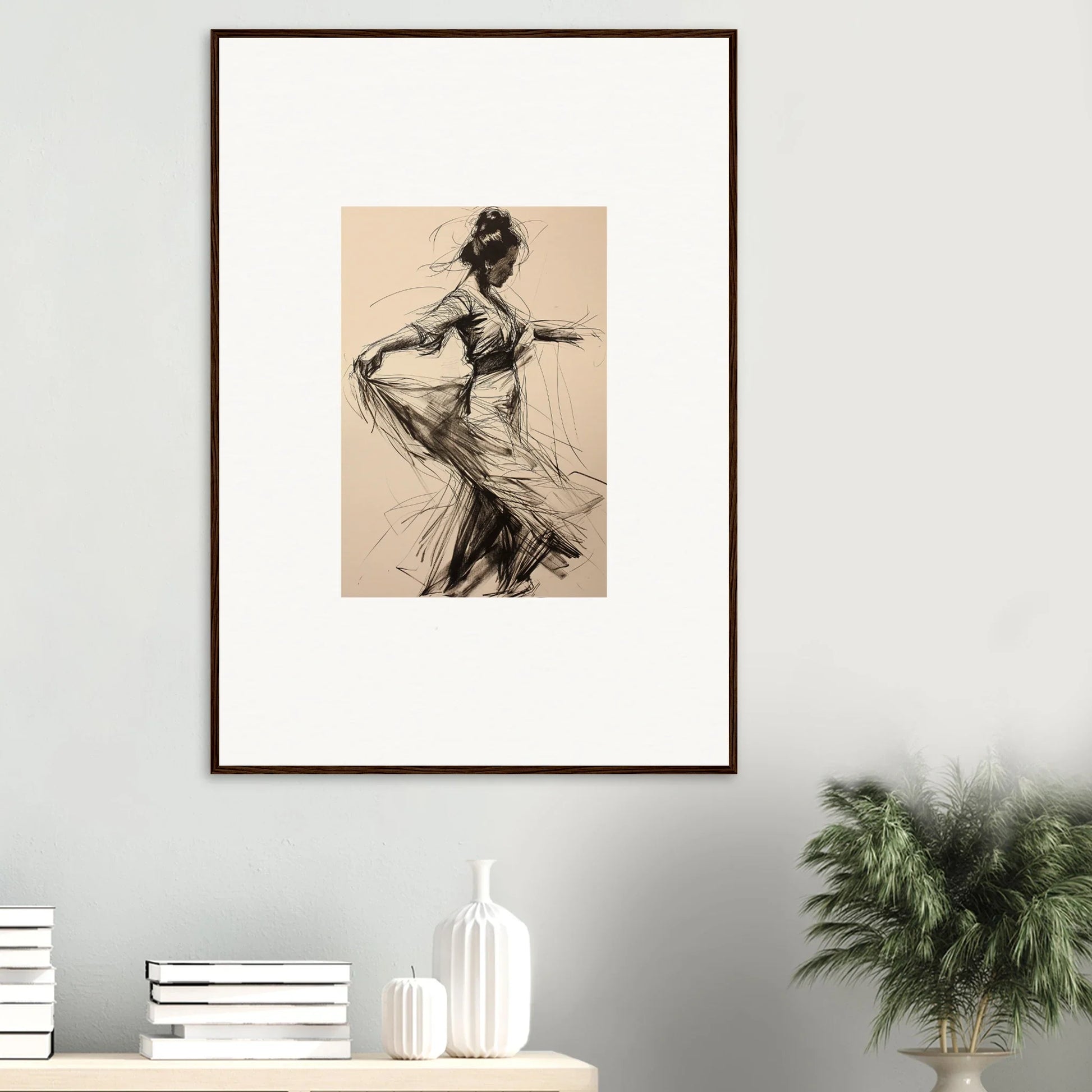 Framed wall art of a dancer in flowing dress, capturing ephemeral motion whispers