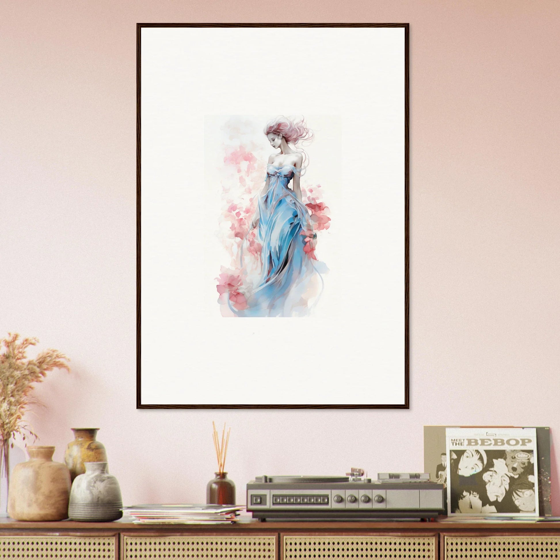 Framed watercolor wall art of a figure in a blue dress for stylish room decoration