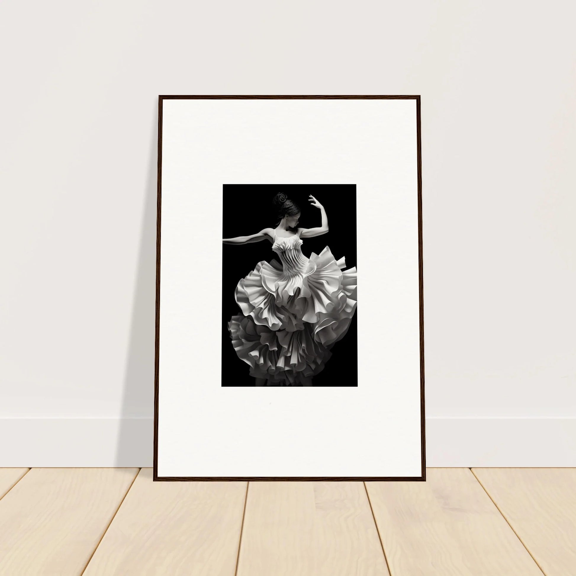 Framed black and white photo of a ballet dancer for Tangled Luminous Laces poster