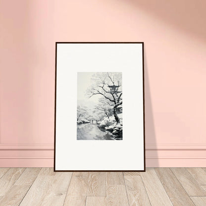 Framed poster of Chilled Lunar Embrace featuring a bare winter tree by a snowy stream