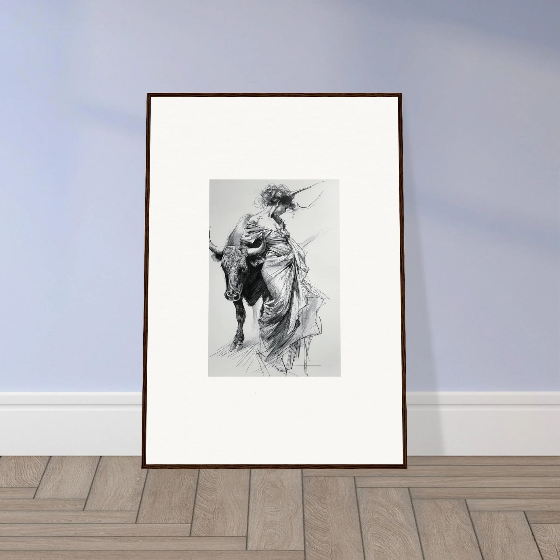 Framed black and white sketch of a figure and bull from Minotaur’s Melodic Siesta art™