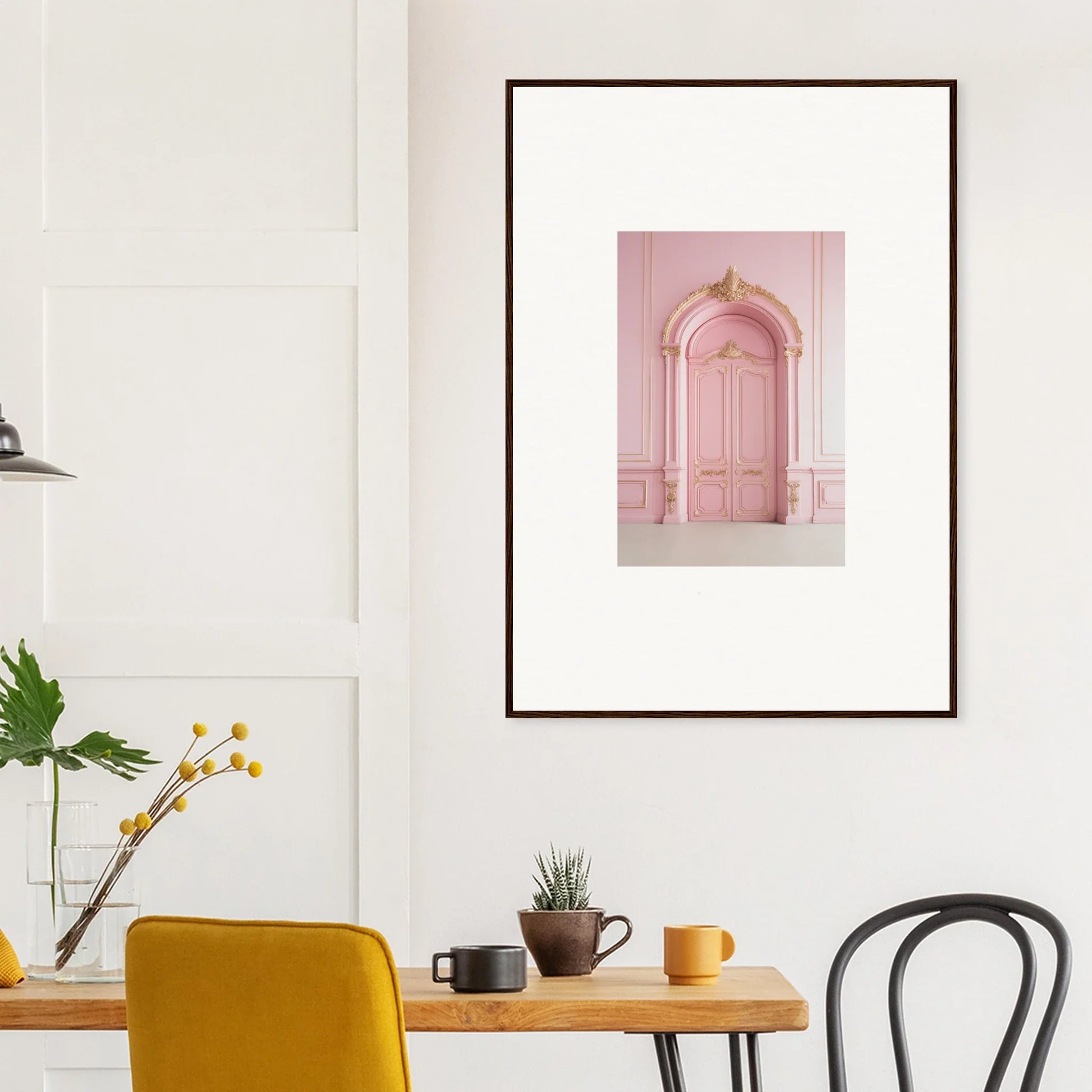 Framed wall art of a pink arched doorway, part of the Paris Dreams Frame collection