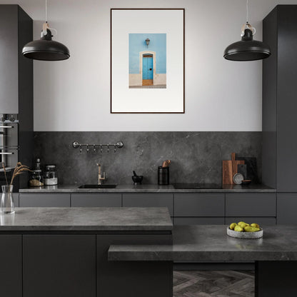 Modern dark gray kitchen featuring Surreal Azure Vesaurrezz framed wall art and black pendant lights