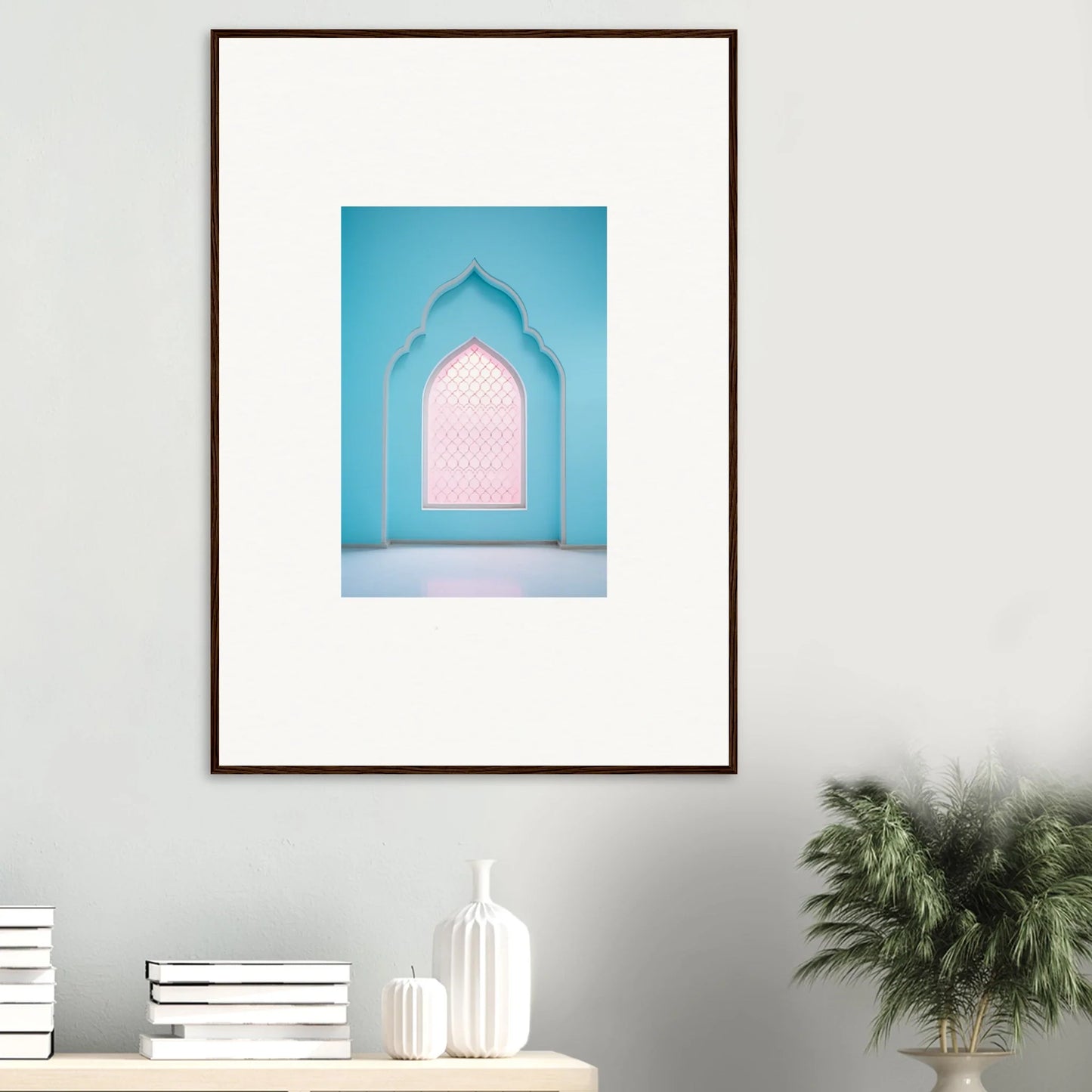 Framed art print of turquoise archway with pink window from Souls Diffilveres Critfilters