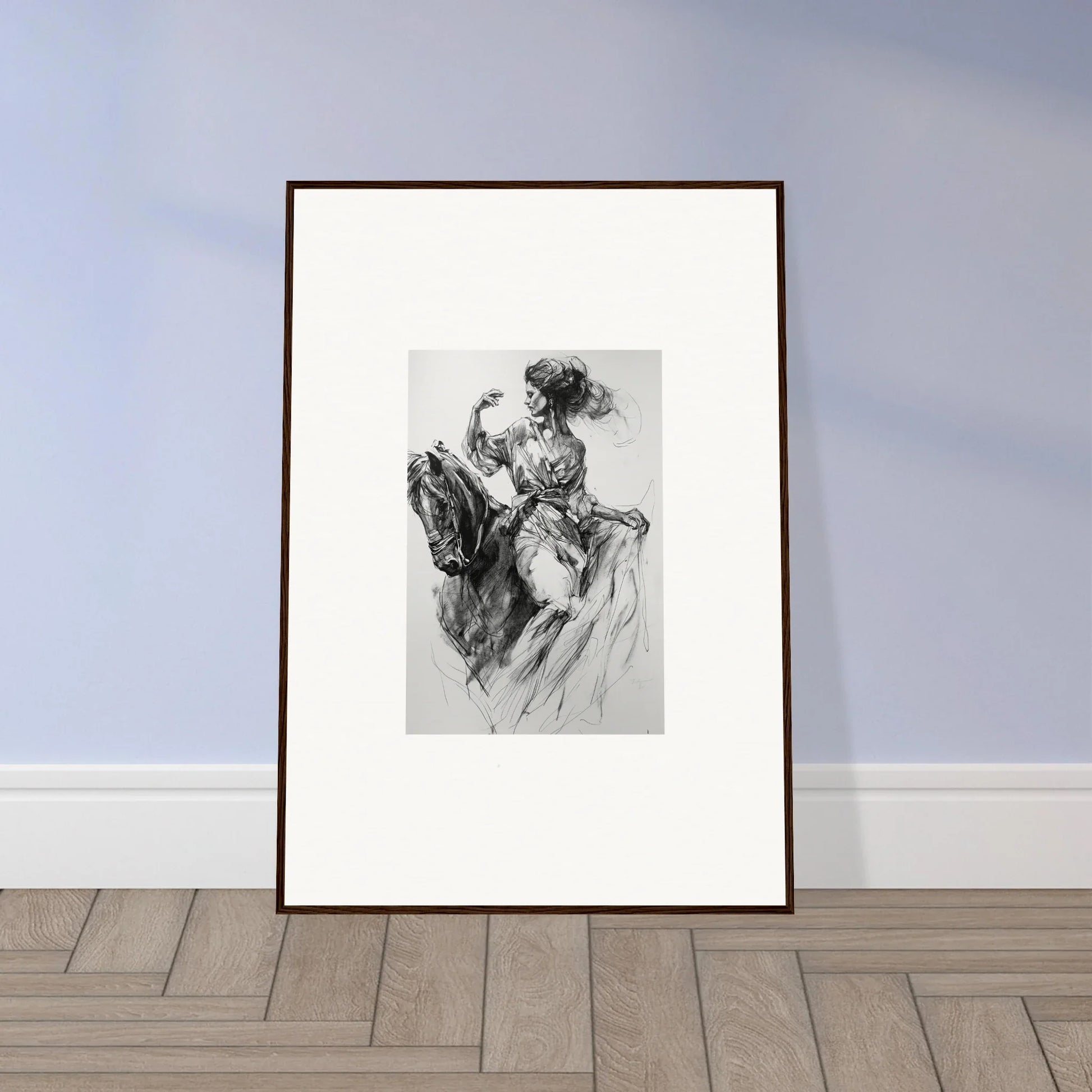 Framed black and white sketch of a rider in the Ephemeral Journey Grafikermania series