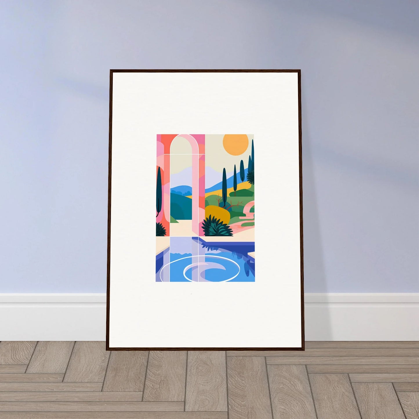 Framed abstract wall art Sunlit Oasis with colorful geometric shapes for room decoration