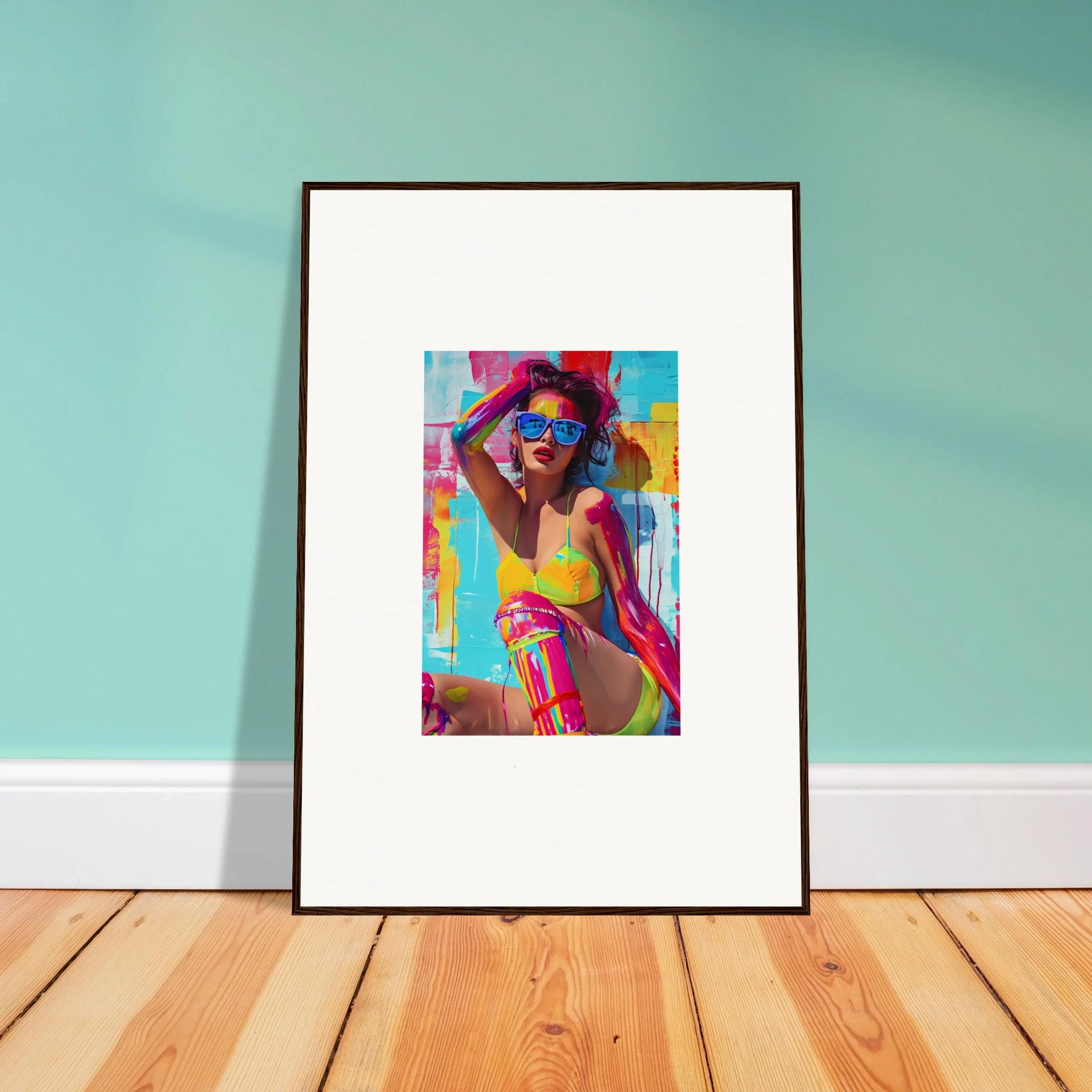 Framed colorful canvas print of a person in sunglasses, perfect for room decoration