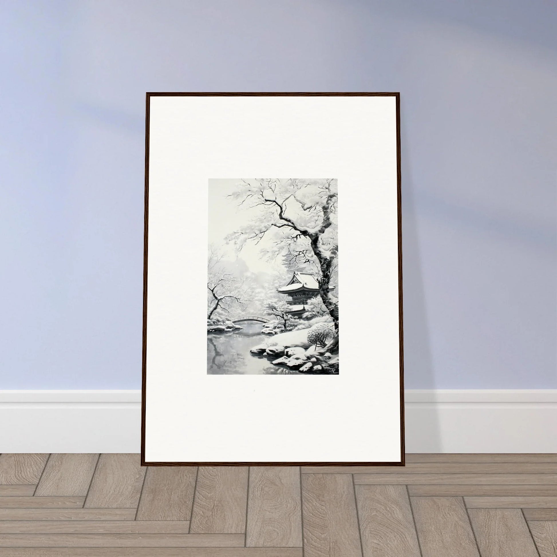 Framed black and white art of a snowy winter branch from Winter Embrace Whisper