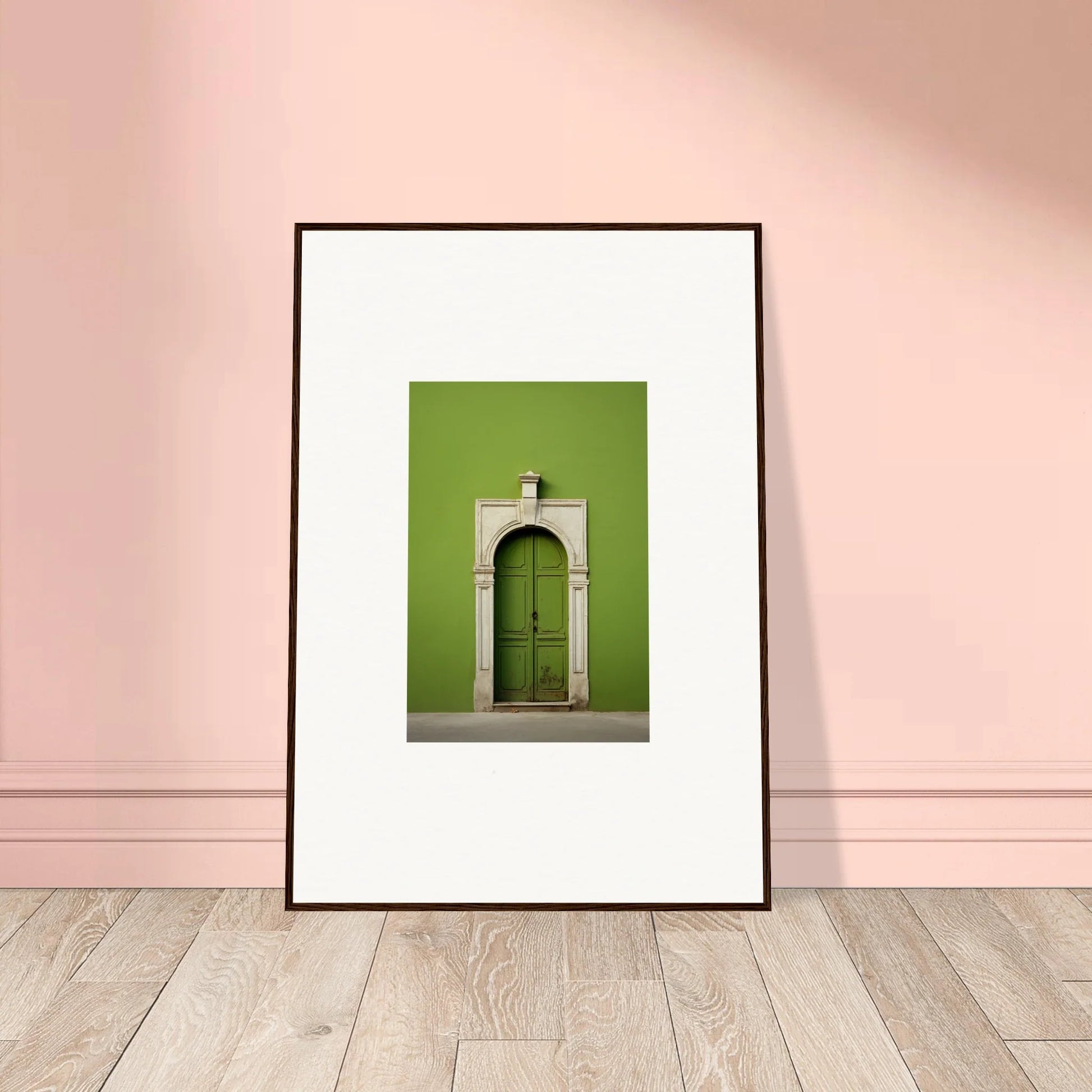 Framed photograph of a green door in an arched stone doorway from Green Origins special edition art™