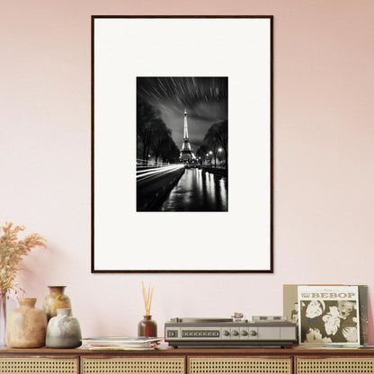 Framed black and white Eiffel Tower photo at night for Parisian Stars special edition art™