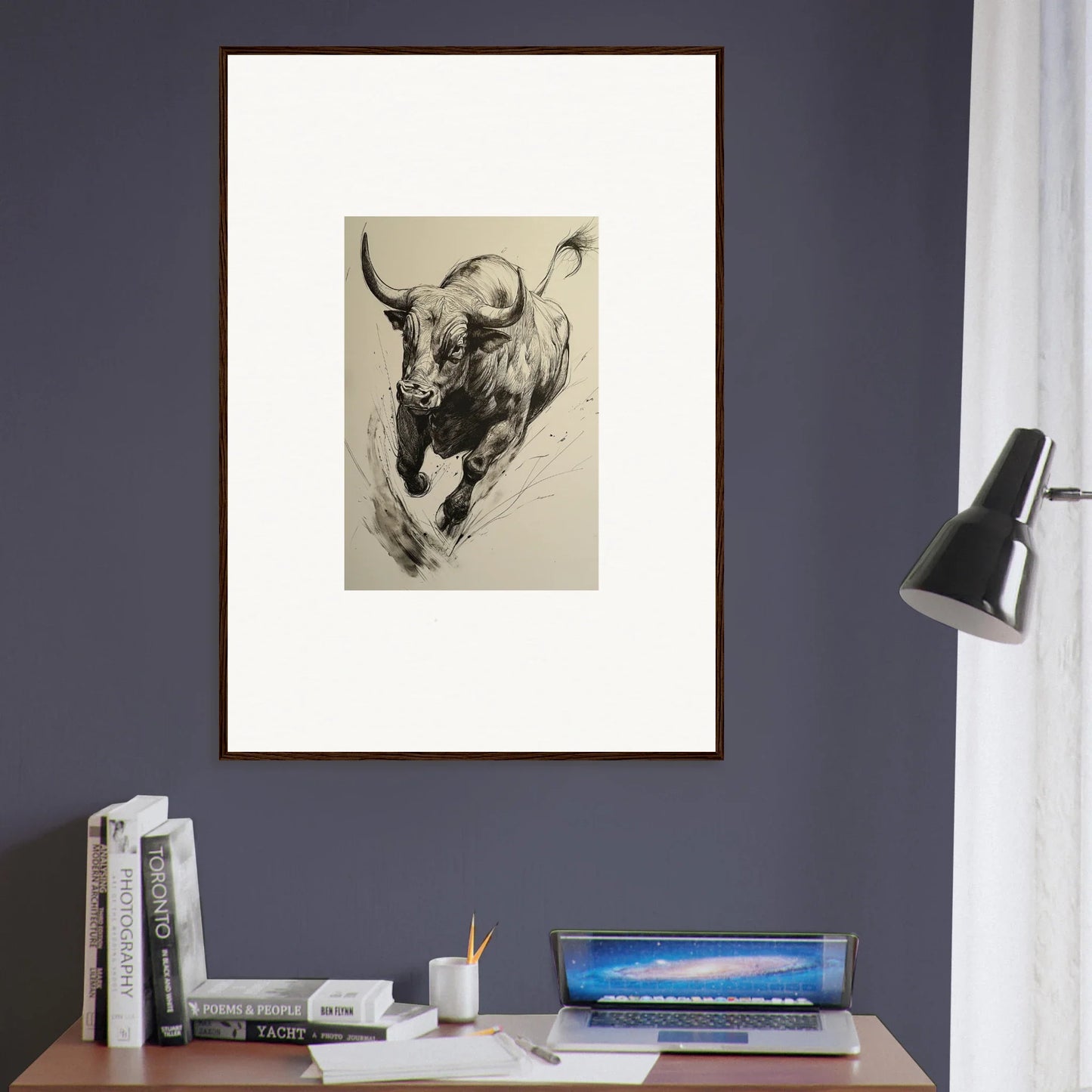 Framed black and white bull sketch from the Ebullient Storm Release special edition art™