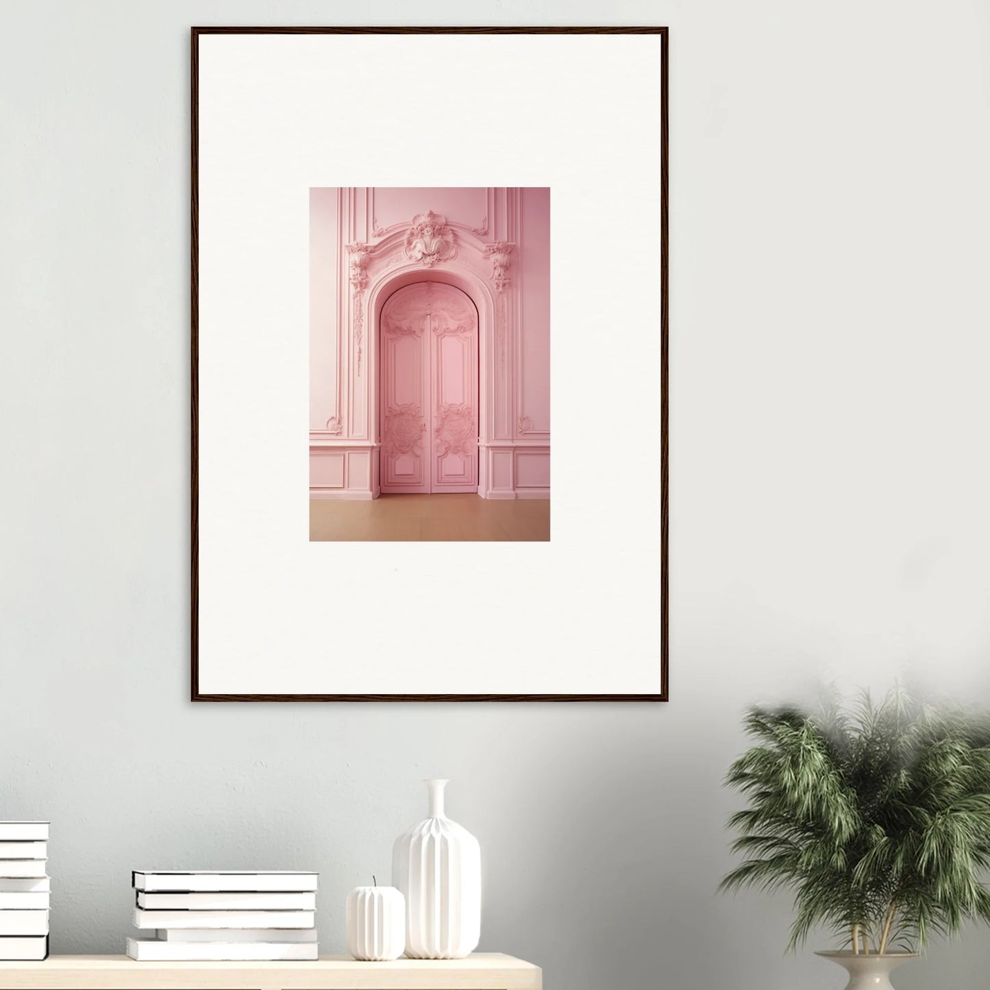 Premium framed wall art of a pink ornate doorway from Gentle Whims Myths collection