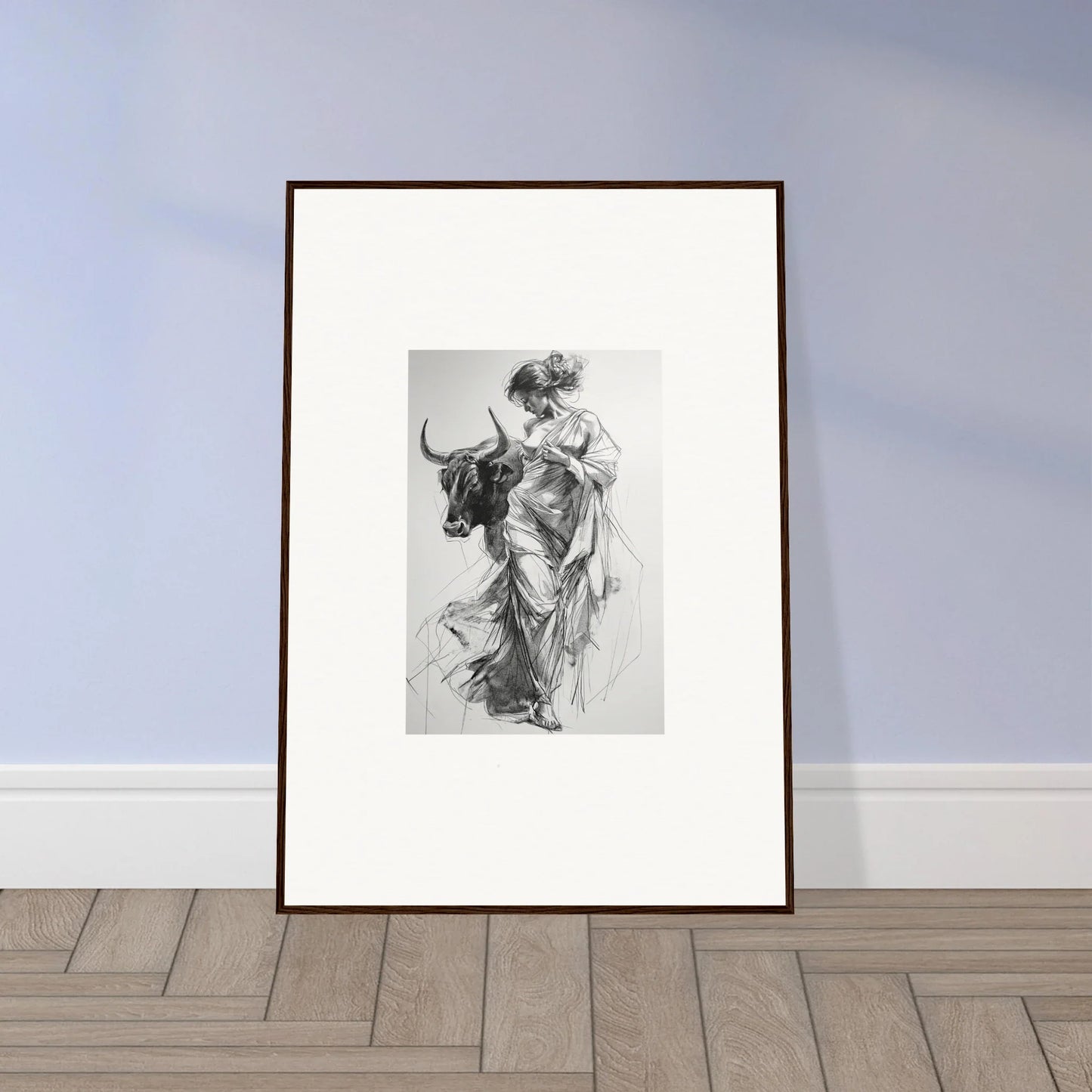 Framed black and white sketch of a figure with a bull from Splashing Gaze Melds