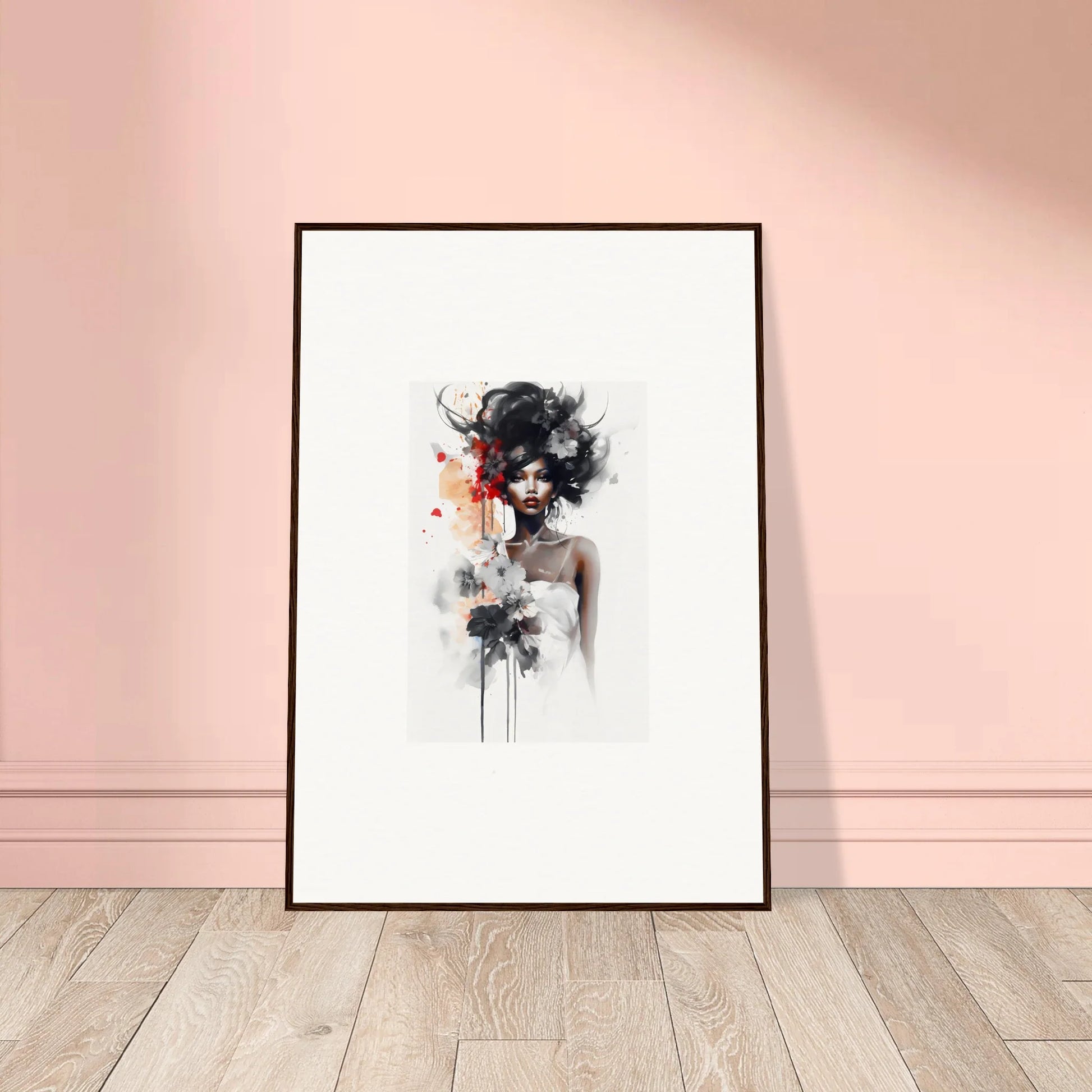 Framed watercolor art of Plume Sultry Reverie with abstract portrait and red splashes