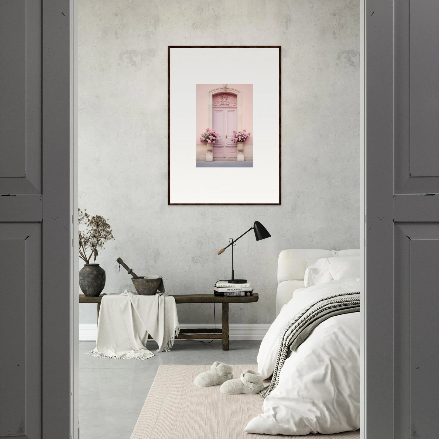 Framed wall art of pink flowers in a window on a gray wall, Rosy Cosmos Gateway