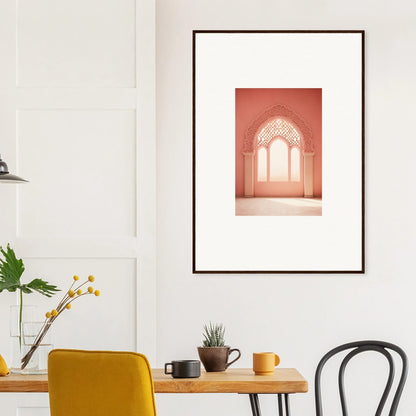 Framed wall art of a coral pink Gothic window in Versaille Sunset Reimagined style