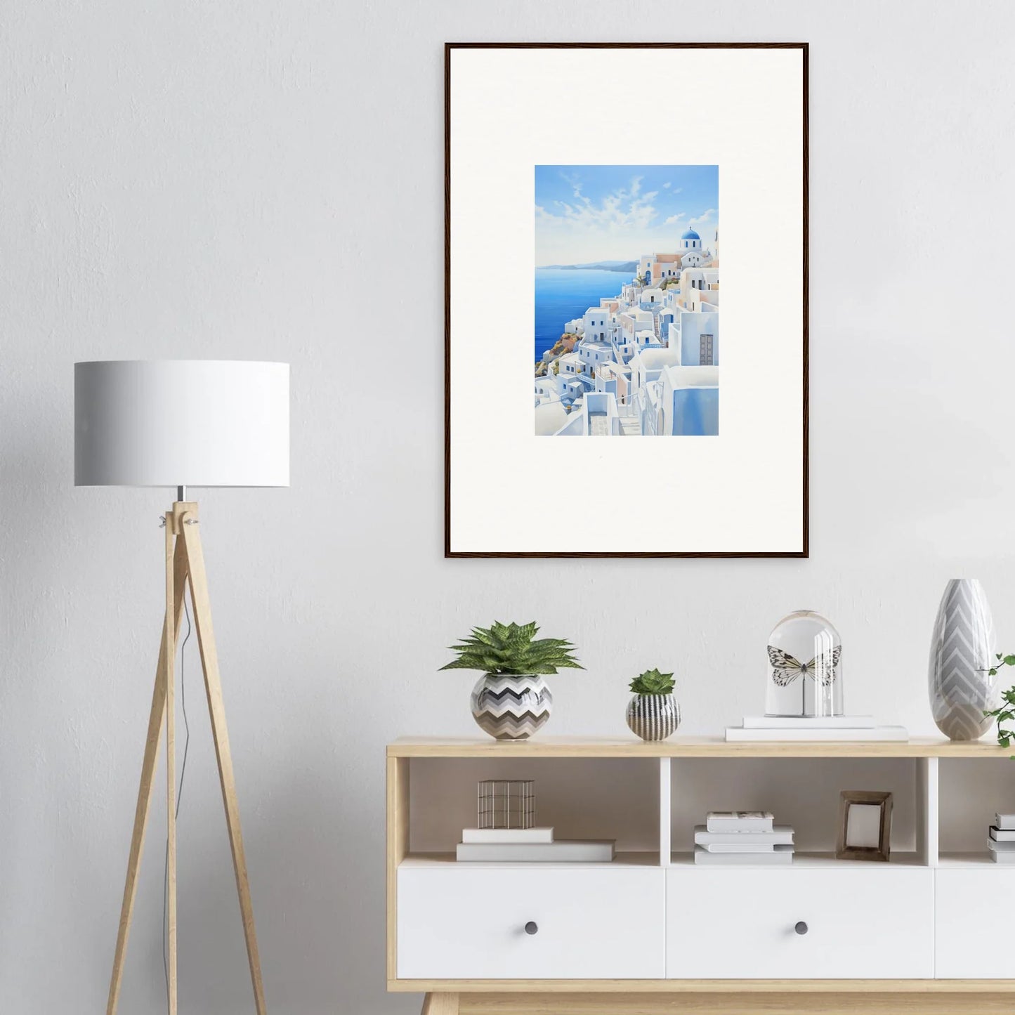 Framed wall art of Santorini’s blue domes and white buildings in Elysian Horizon Vortex