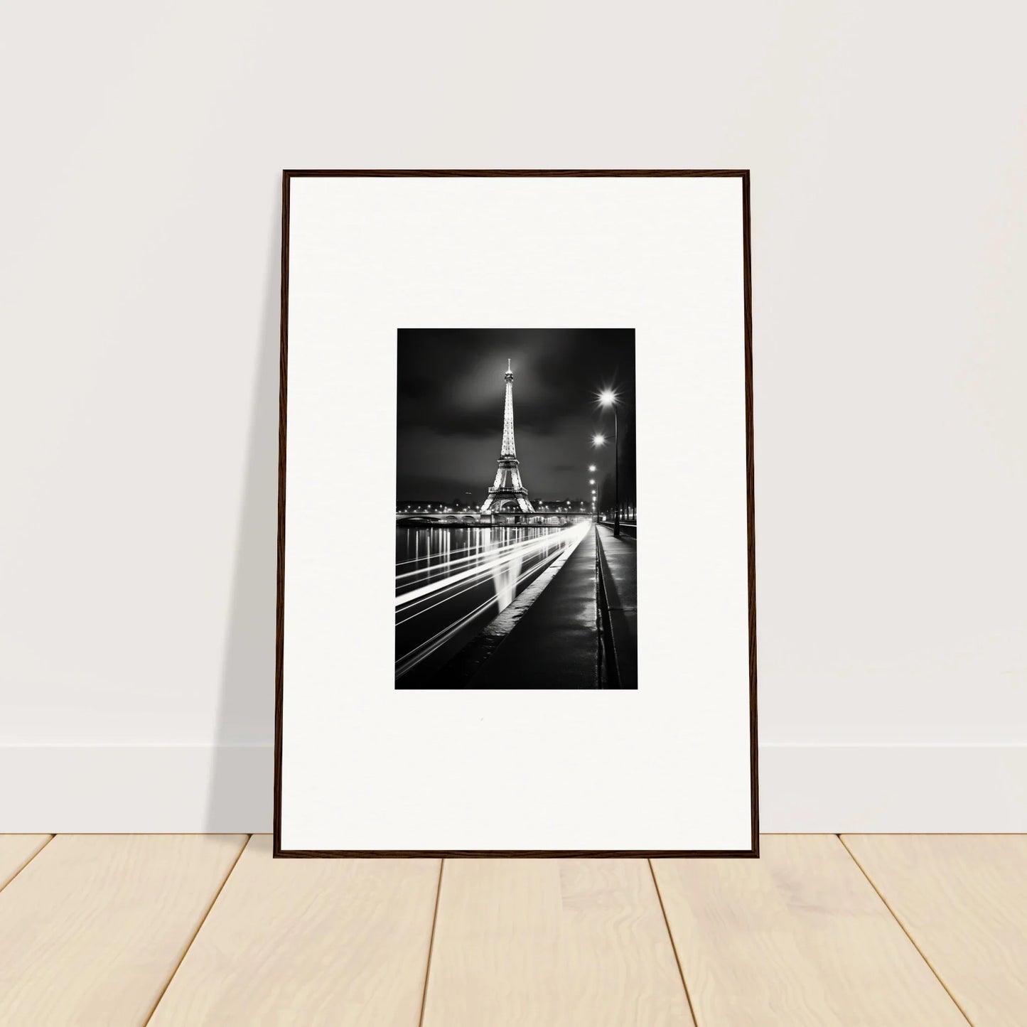 Framed black and white photograph of the Eiffel Tower at night for premium framed wall decor