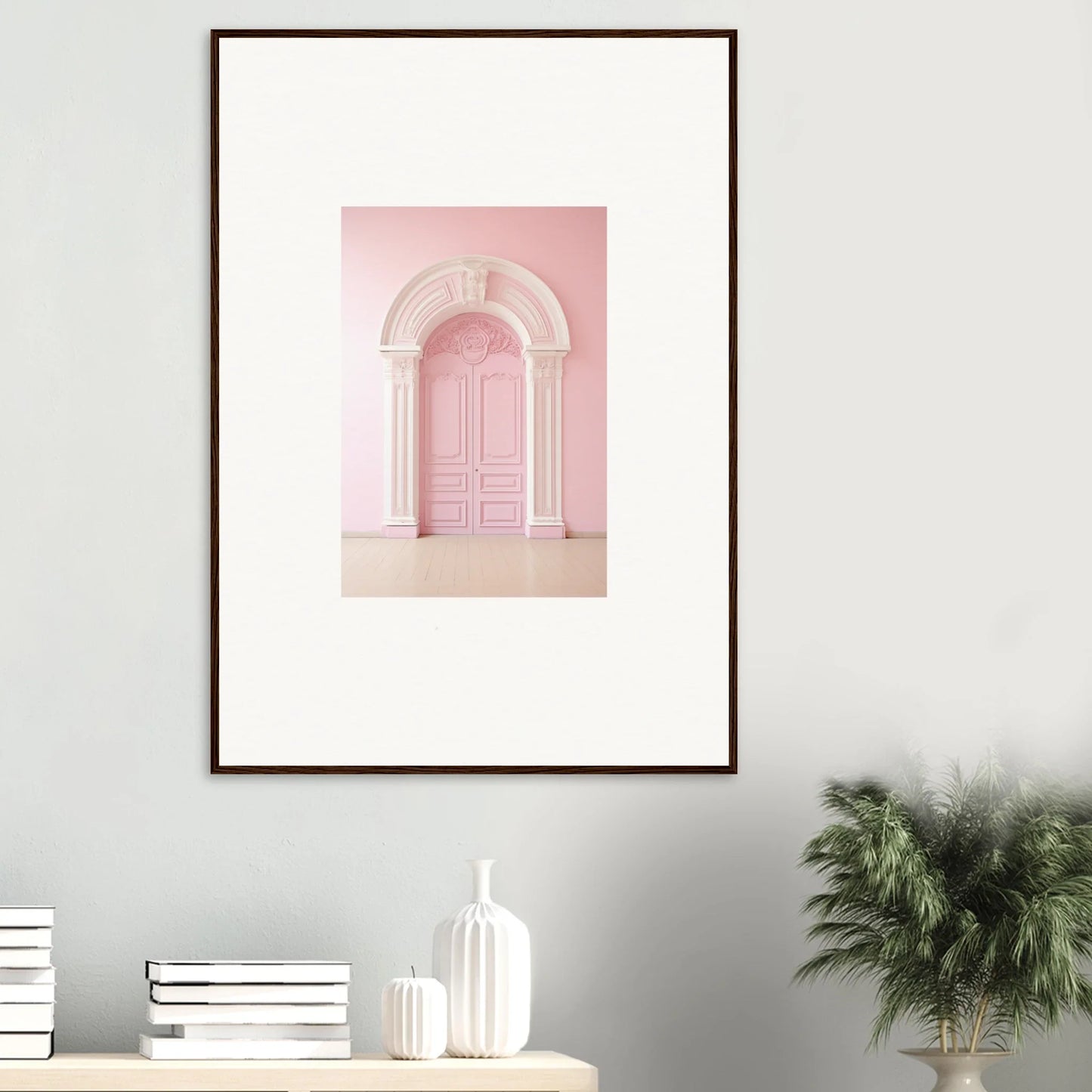 Pink door with arched frame and molding in Portal Fantasies Unfurled framed wall art