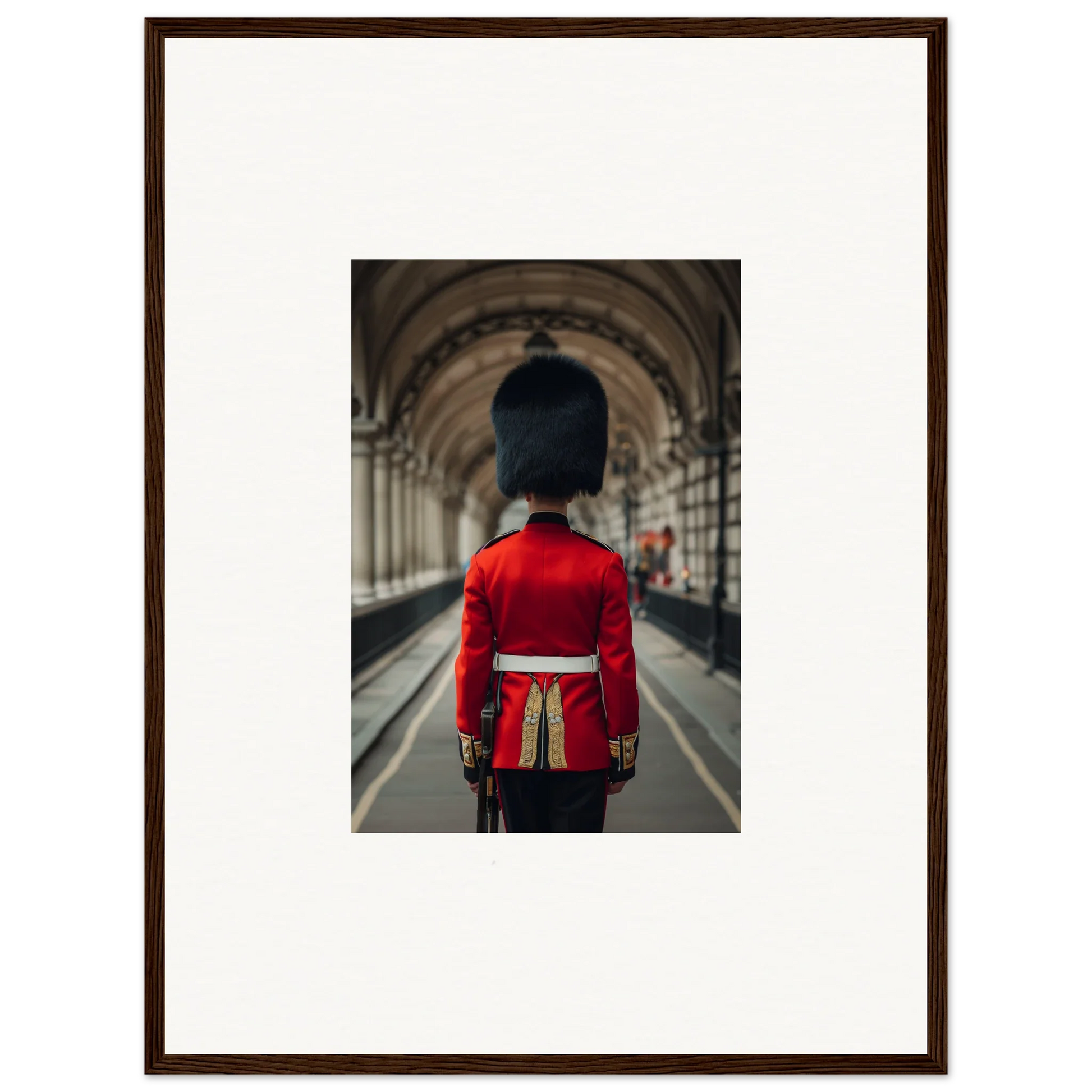 Queen’s Guard in red uniform from behind for Scarlet Temporal Century framed wall art