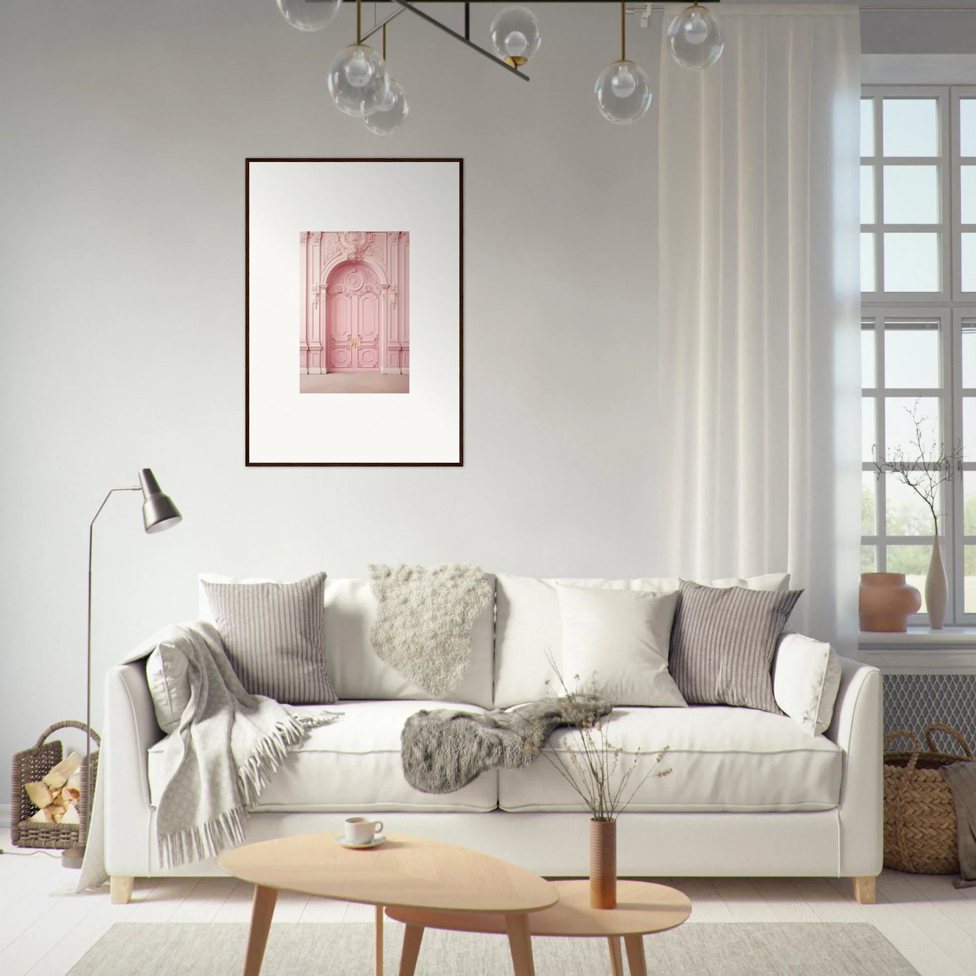 White sofa with gray and cream pillows in Blush Merciful Renaissance design