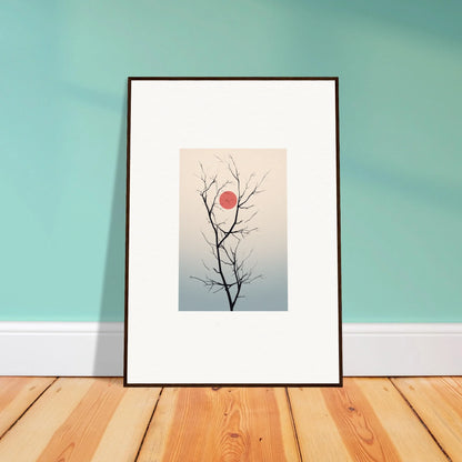 Framed minimalist wall art of bare tree branches with a red sun for serene eclipse room decoration