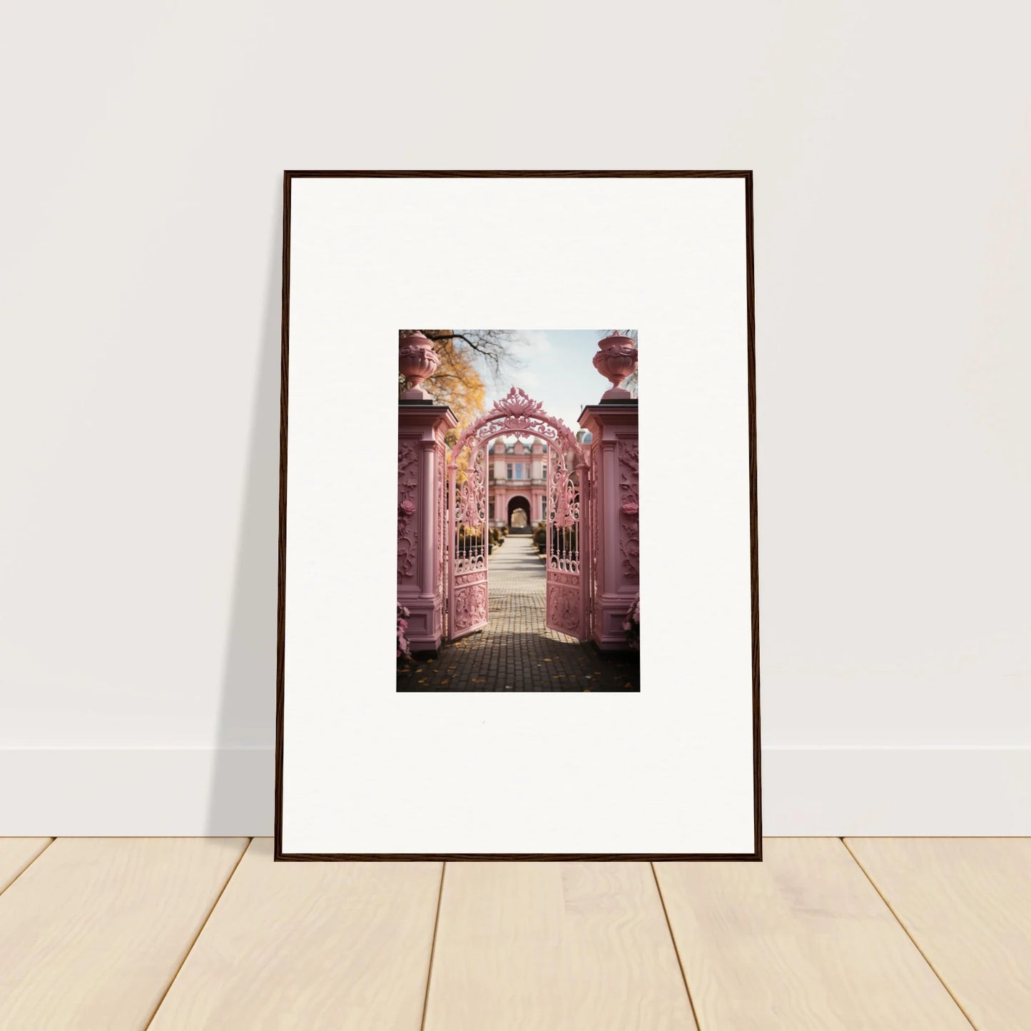 Framed photo of Sugarcotton Visions Gateway with ornate pink archway and garden path