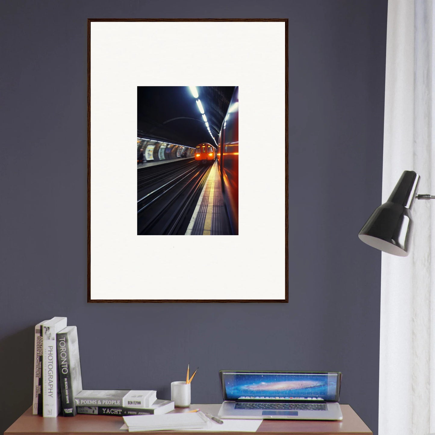 Framed photo of a lit subway tunnel at night for Threads Passagesquent Hues