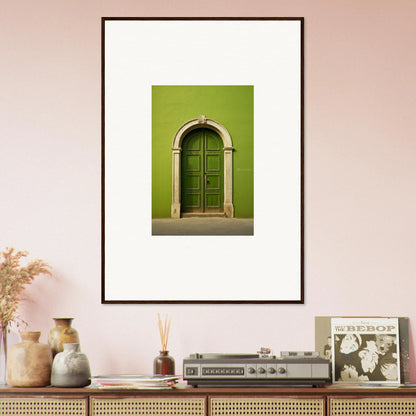 Framed art print of an arched green door in Vert Barcode Reverie special edition art™